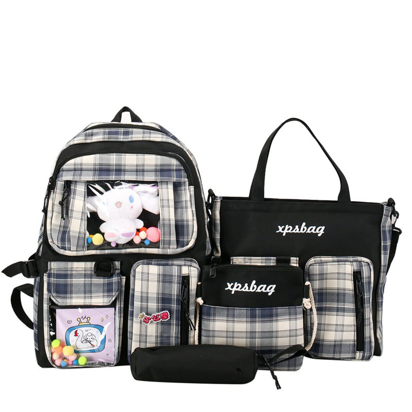 Kawaii Backpack Set of 4 with Cute Pins & Accessories - Adorable Black Anime School Bag for Girls, Teens, College Students | Perfect for School, Travel, Cosplay & Everyday Use