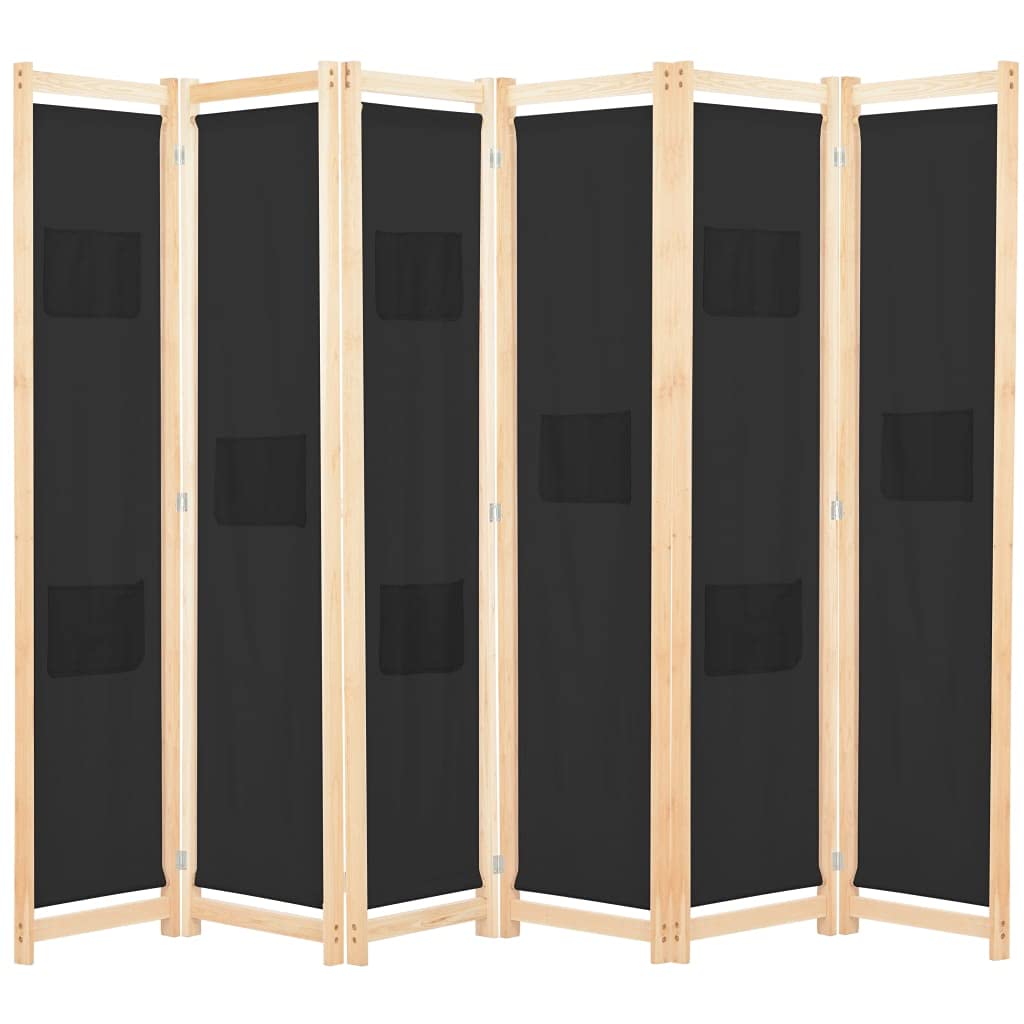 SOONHUA 6-Panel Folding Room Divider Privacy Screen - Black Weave Fabric Partition (94.5