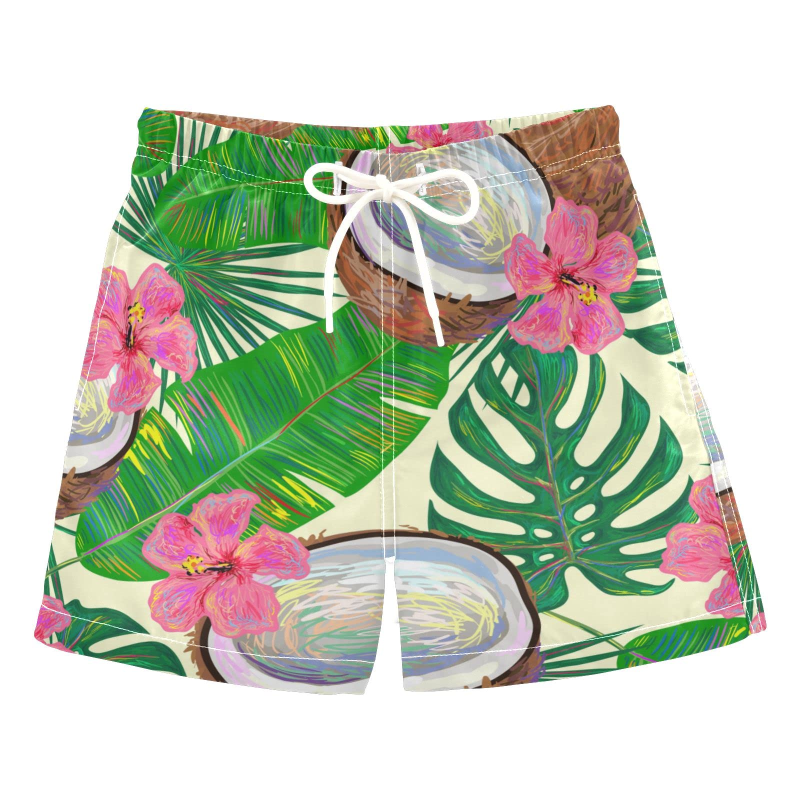 AMICHIC Boys Coconut & Flower Swim Trunks - Quick Dry Beach Shorts with Mesh Lining & Adjustable Waist | Perfect for Swimming, Surfing & Summer Vacations