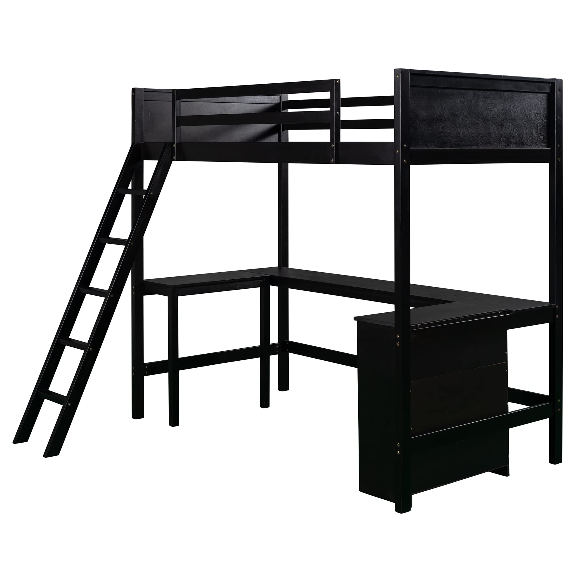 P PURLOVE Twin Size Wooden Loft Bed with Long Desk & Shelves - Space-Saving Kids & Teens Bed for Small Bedrooms, Dorms & Apartments - Perfect Study & Sleep Solution for Compact Living Spaces