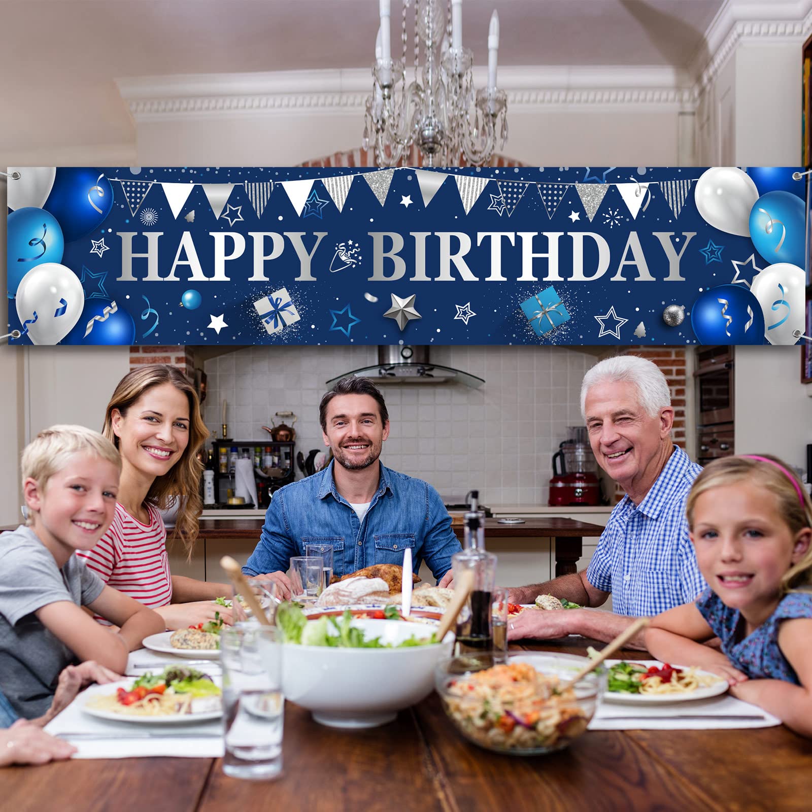 Happy Birthday Yard Banner - Large Outdoor & Indoor Party Decor for Men & Women - Blue & Silver Backdrop for Birthday Celebrations, Events & Photo Booths