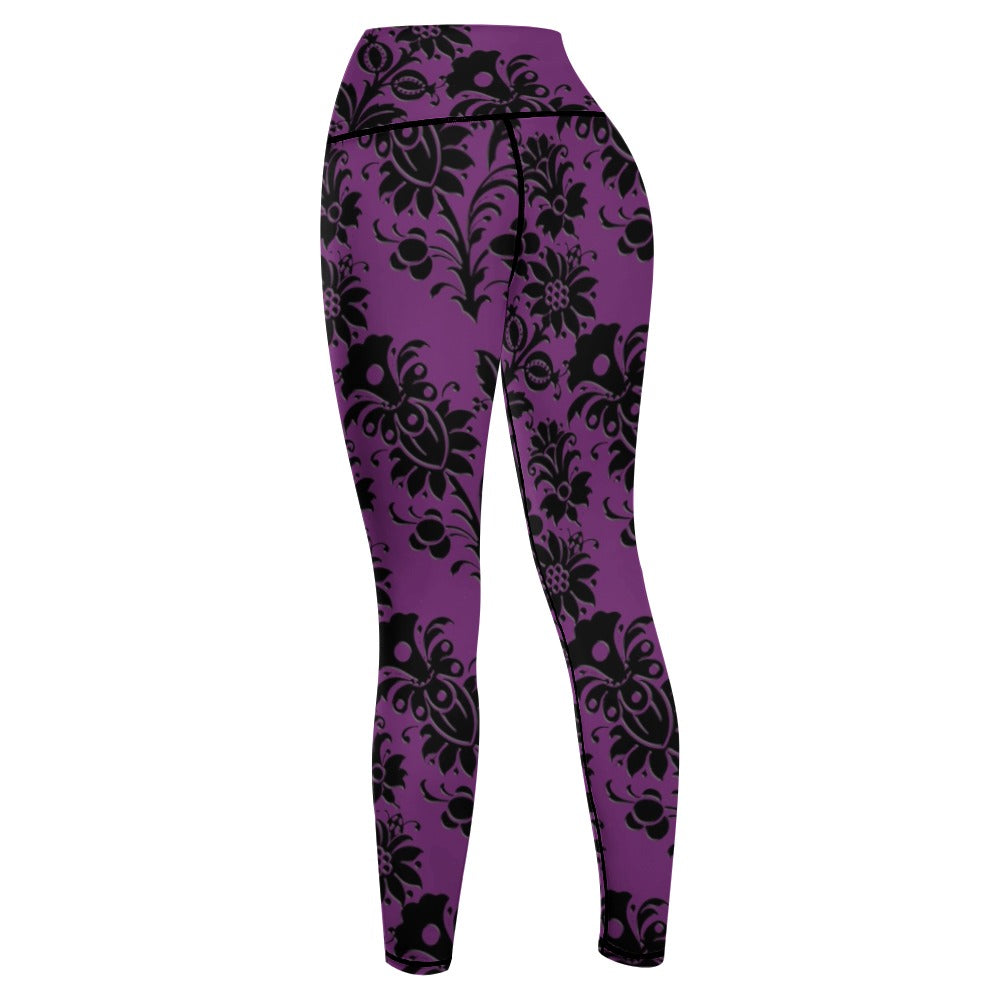Gothic Floral Print Purple Yoga Pants for Women - High Waisted Stretchy Workout Leggings for Yoga, Gym & Lounge Wear
