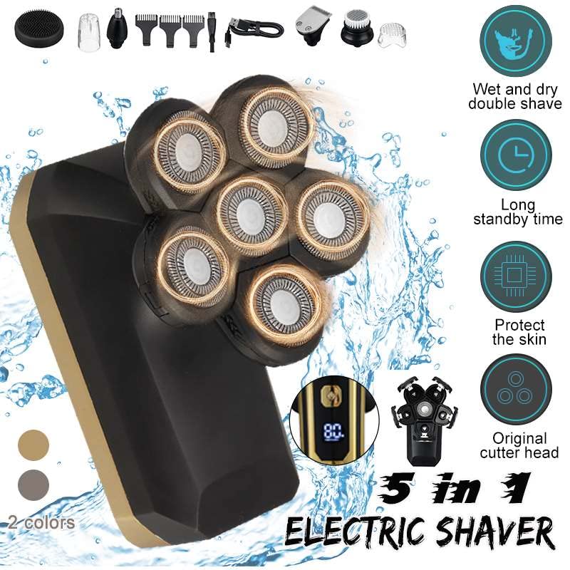 6-in-1 Rechargeable Electric Razor for Men with LCD Display & 6 Floating Heads - Wet/Dry Shaver for Bald Head & Full Beard Grooming Kit - Perfect for Travel, Home & Office Use