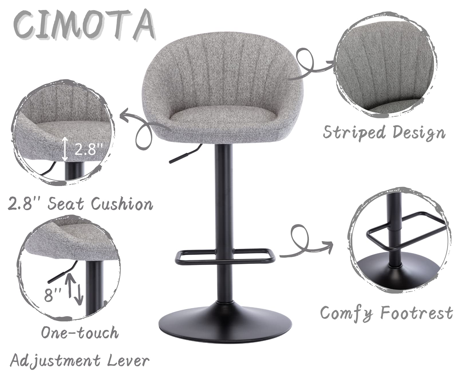 CIMOTA 2-Pack Swivel Adjustable Bar Stools - Modern Counter Height Stools with Back Support, 25-33 Inch Adjustable Seat Height, Grey Terrycloth Upholstery - Perfect for Kitchen Island, Dining Room, Home Bar & Breakfast Nook