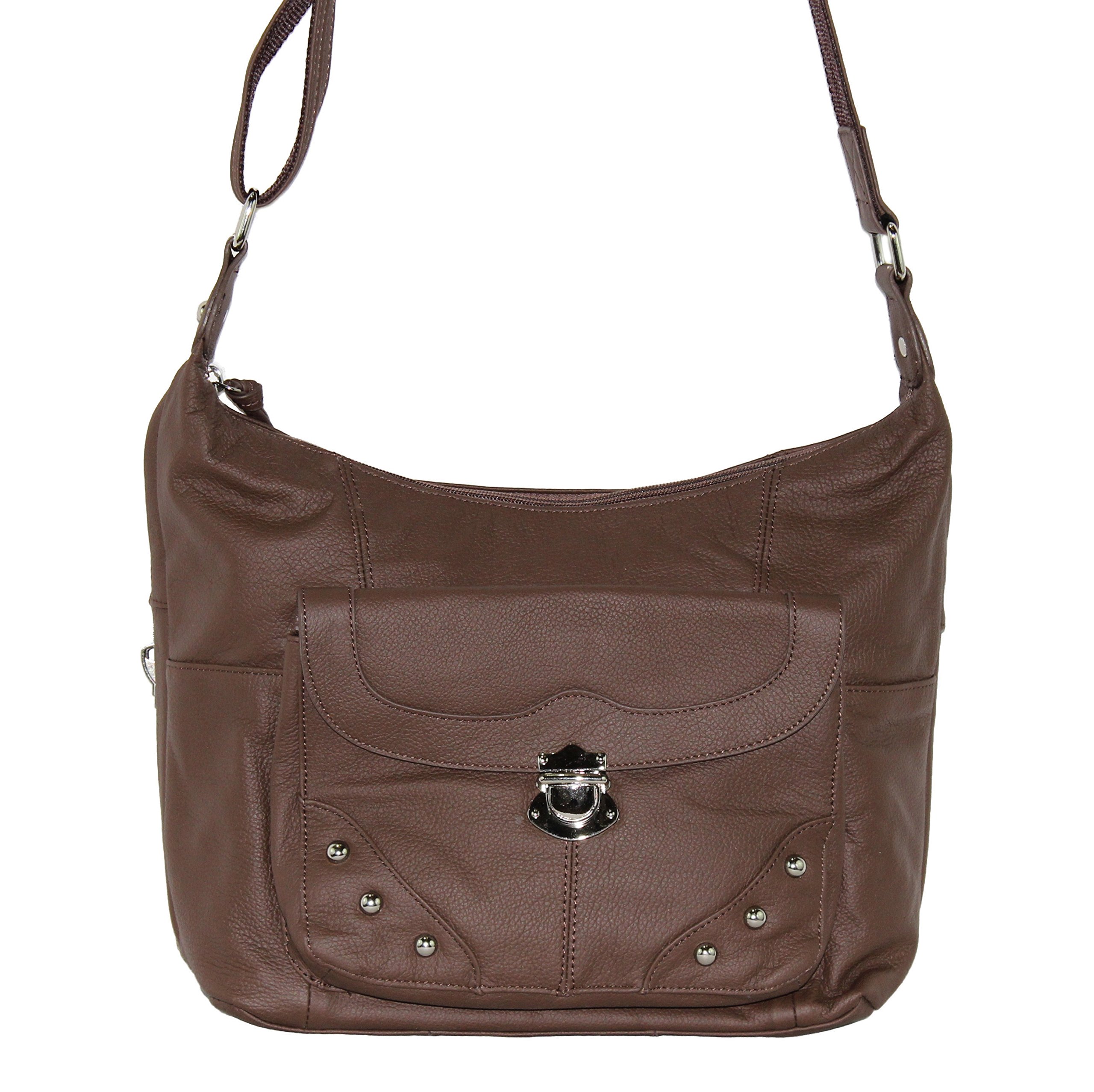 Concealed Carry Purse for Women - Stylish Studded Leather Gun Handbag with Front Pocket - Ambidextrous Left & Right Hand Draw - CCW Approved by Roma Leathers (Brown) - Perfect for Everyday Safety & Fashion