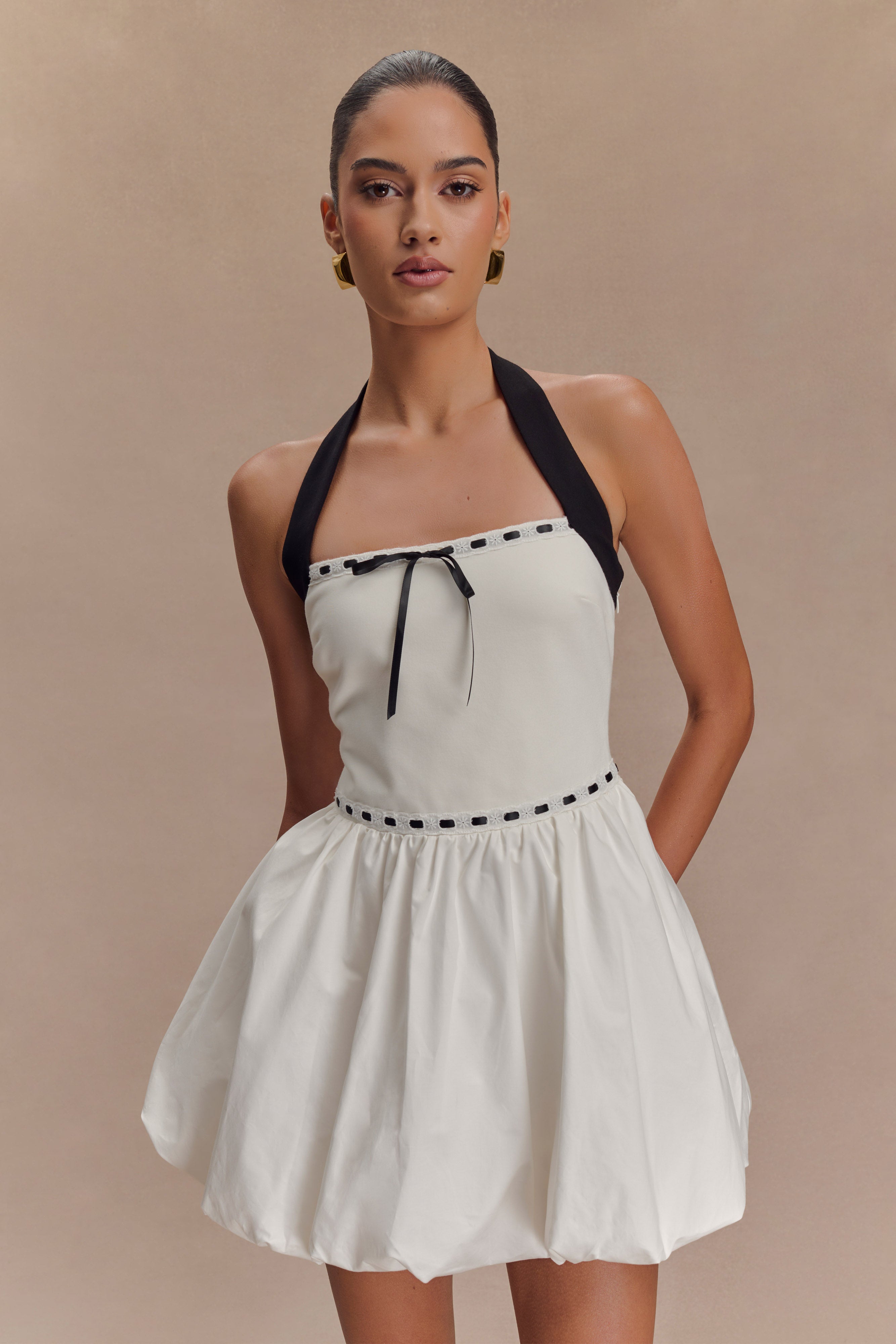 Queenie Halter Bubble Mini Dress - Black & White - Sexy Summer Party Outfit for Women