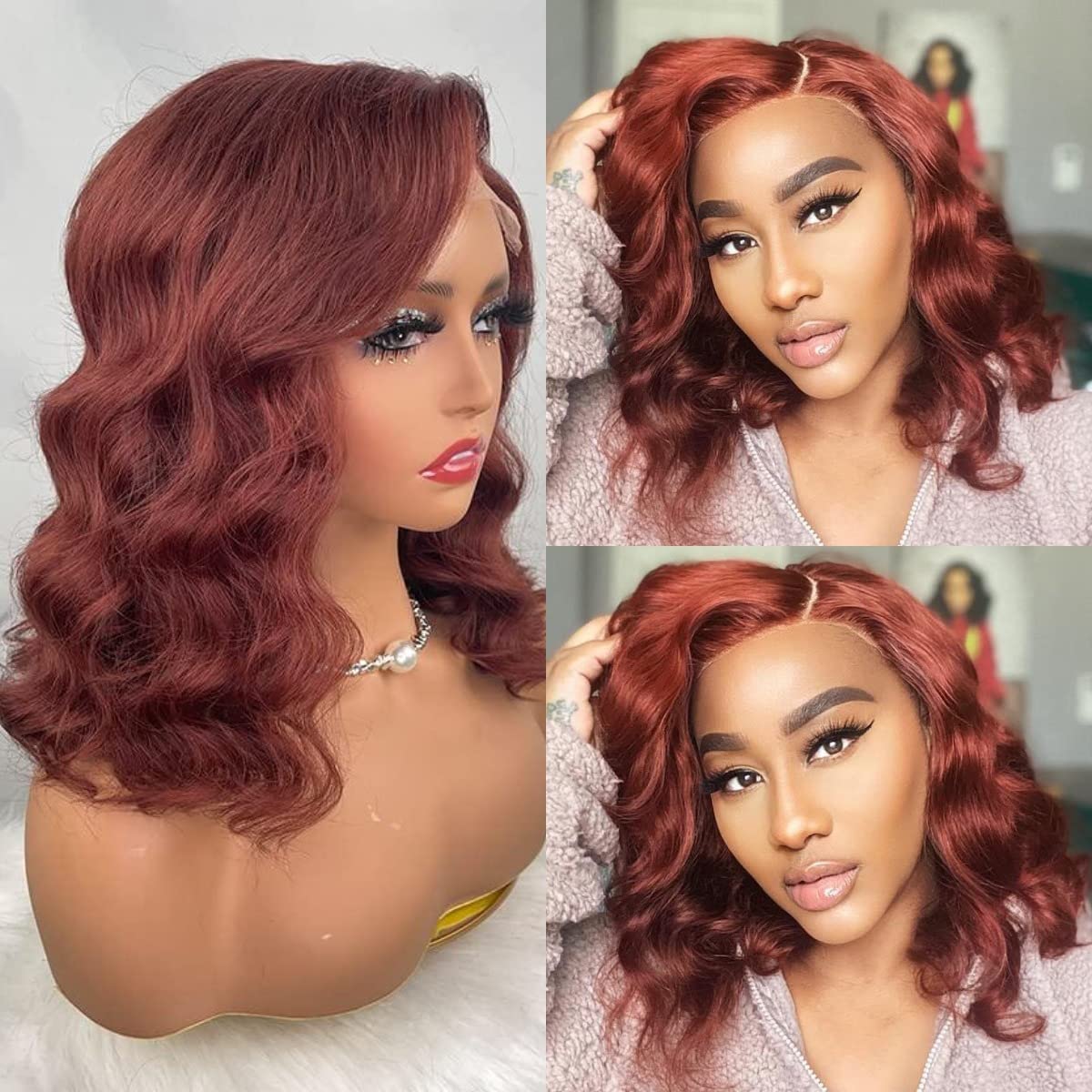 Brazilian Human Hair Bob Wig 14 Inch - Reddish Brown Auburn Lace Front Wig with 5x5 Glueless Closure, Pre-Plucked Body Wave for Black Women | Perfect for Daily Wear, Parties & Protective Styling