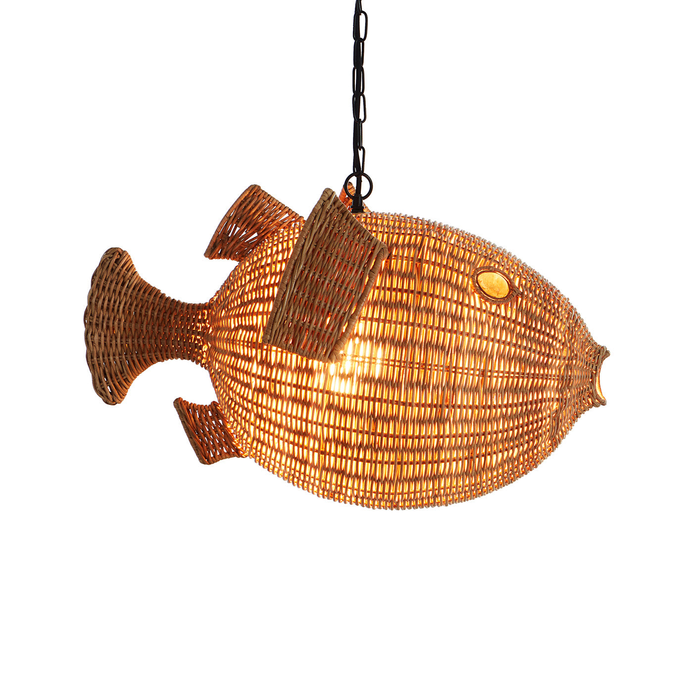 Handwoven Wicker Blowfish Small Pendant Light - Natural Rattan Hanging Decor for Beach House, Boho Bedroom, or Coastal Living Room