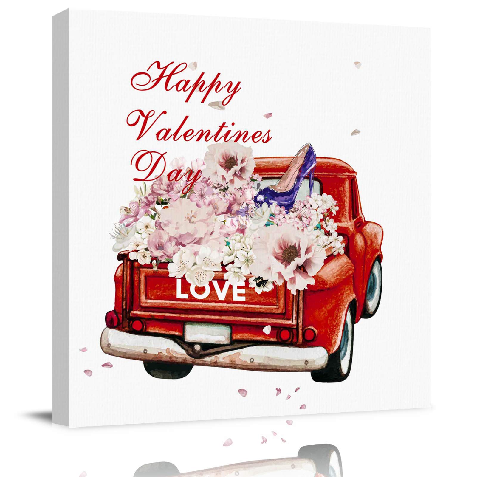 Red Truck Floral Canvas Wall Art - 24x24 Inch Valentine's Day Home Decor with Flowers & High Heels - Perfect for Living Room, Bedroom, or Office Wall Decor