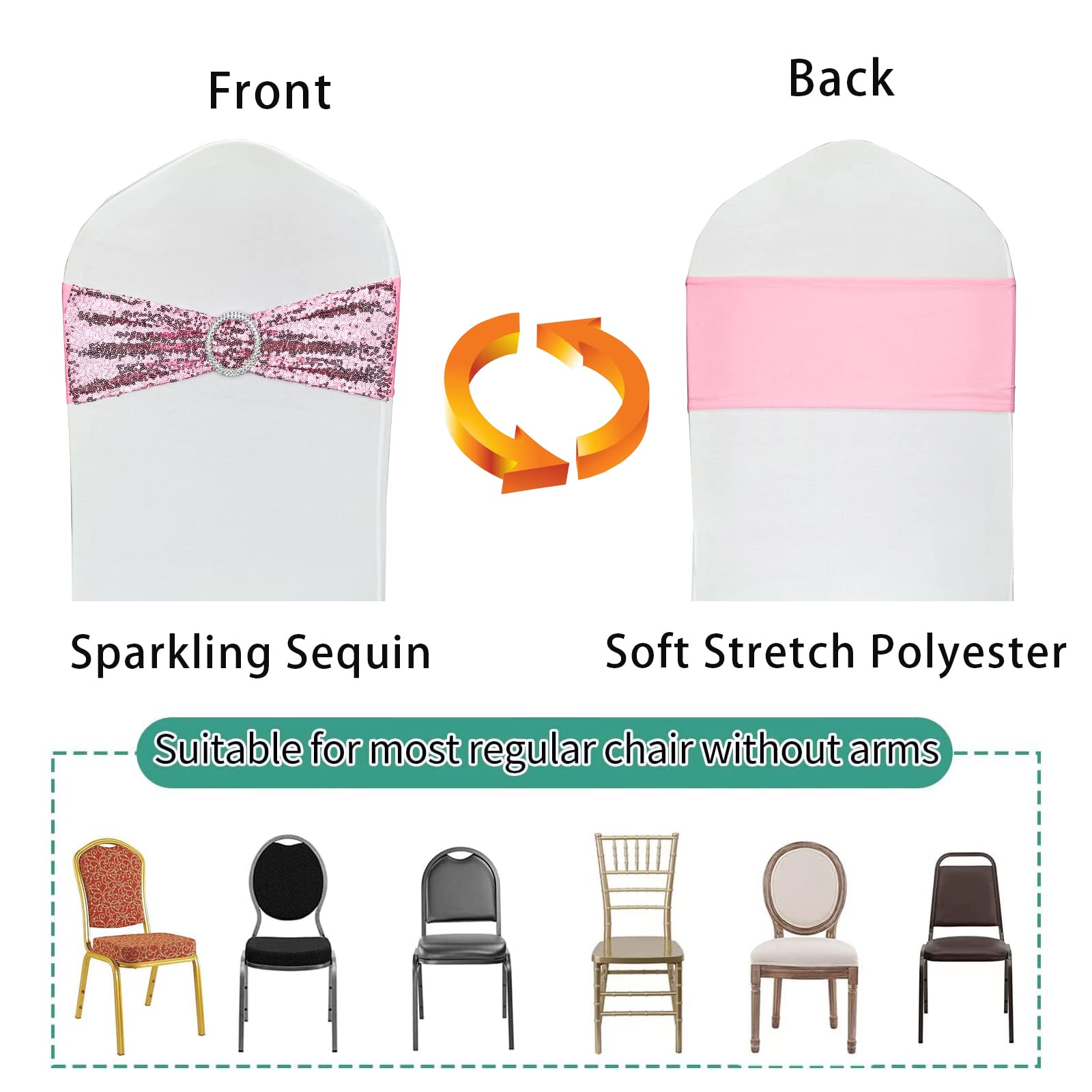 100 Pcs Sequin Chair Sashes - Stretch Spandex Polyester Chair Bands for Wedding, Banquet & Party Decorations - Elegant Pink Chair Bows for Hotel Events, Bridal Showers & Special Occasions