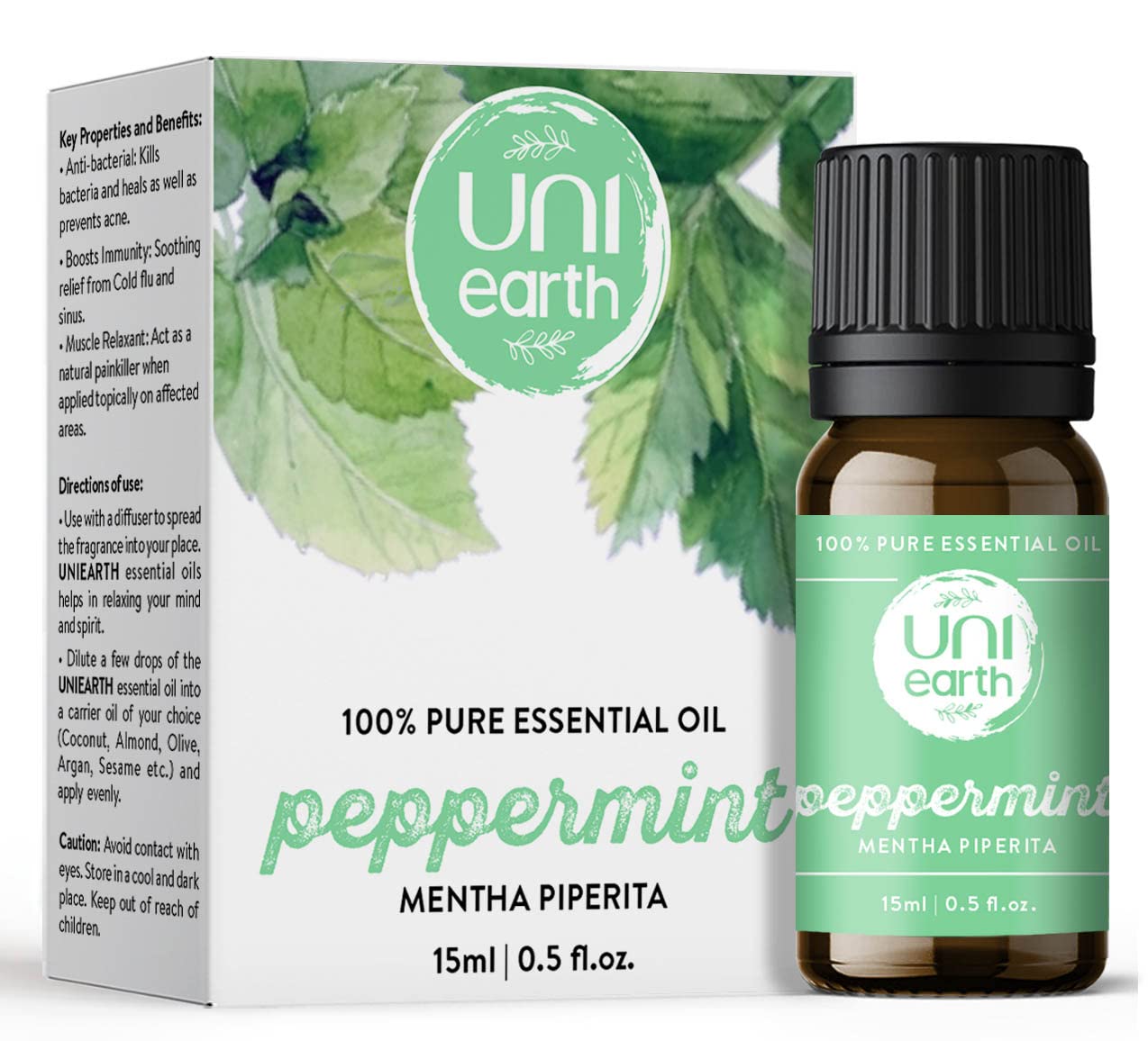 Uniearth 100% Pure Therapeutic Grade Peppermint Essential Oil - 15mL for Skin & Hair Care, Muscle Pain Relief, Acne Treatment & Scalp Nourishment | Aromatherapy, Massage, DIY Beauty & Home Remedies