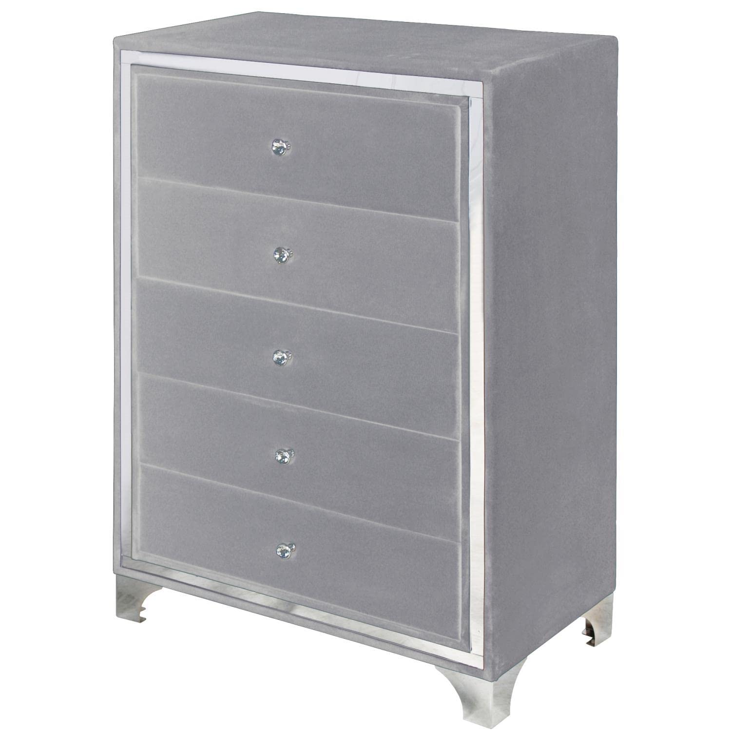 Better Home Products Monica Velvet Upholstered 5-Drawer Chest Dresser in Gray - Stylish Bedroom Storage Solution for Modern Homes
