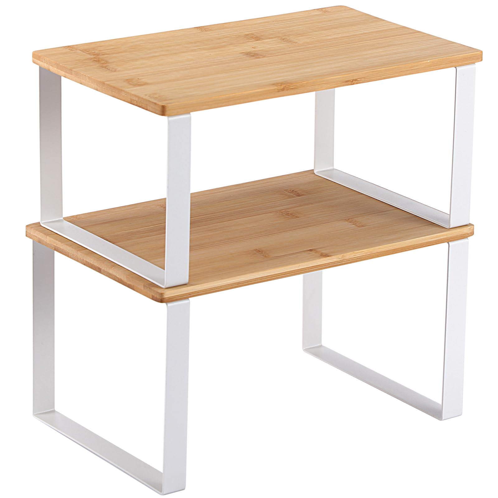 2-Pack Bamboo Stackable Cabinet Organizer Shelves - Kitchen Counter Shelf Riser for Spice Jars, Coffee Mugs & Pantry Storage - Space Saving Cabinet Organizer for Kitchen, Bathroom & Office