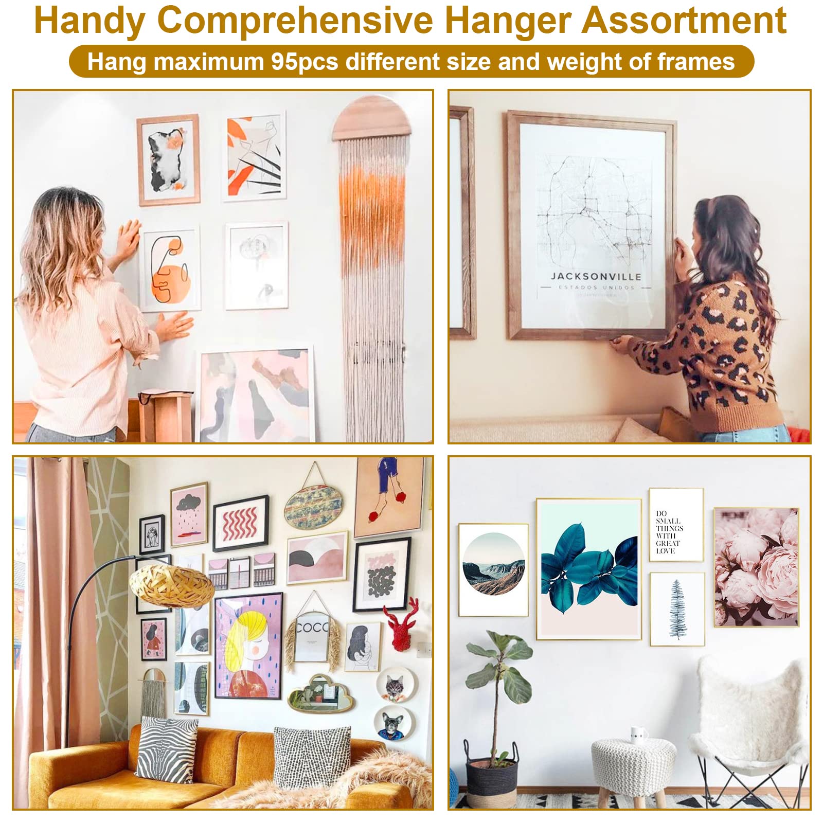 Modacraft 372PCS Heavy Duty Picture Hanging Kit - Includes Hooks, Nails, Wire & Mini Level for Frames, Mirrors, Canvas - Supports Up to 75lbs on Plasterboard Walls - Perfect for Home Decor, Gallery Walls & Office Display