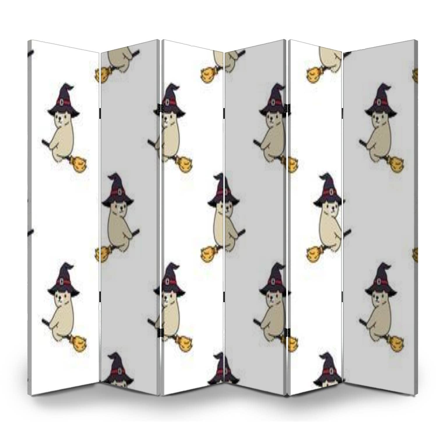 6 Panel Folding Room Divider Screen - Bear & Halloween Themed Privacy Partition for Home Office, Bathroom, or Dorm | Decorative Polar Bear, Witch Broom & Ghost Tile Canvas Wall Divider | Perfect for Workspace Separation, Event Decor & Space Optimization