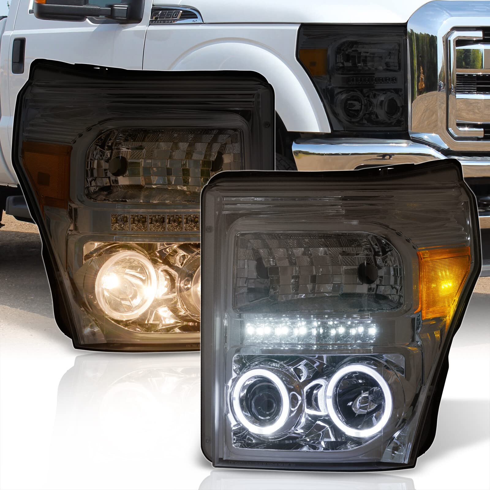 Ford F250 F350 F450 LED DRL Headlights 2011-2015 - Chrome Smoke Amber for Night Driving