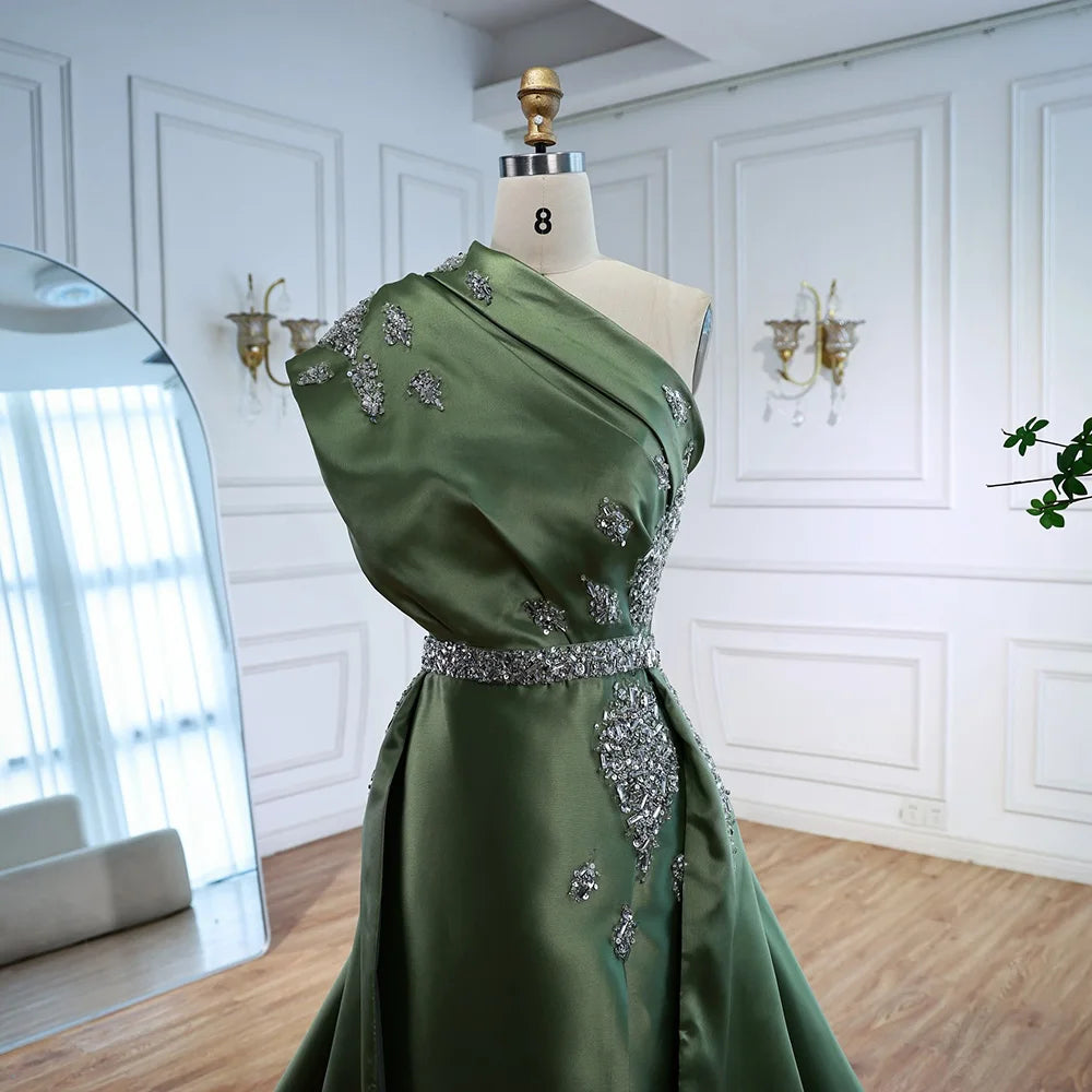 Elegant Dark Green Satin Beaded One Shoulder Evening Gown LA72845 - Perfect for Prom, Cocktail Parties & Formal Events