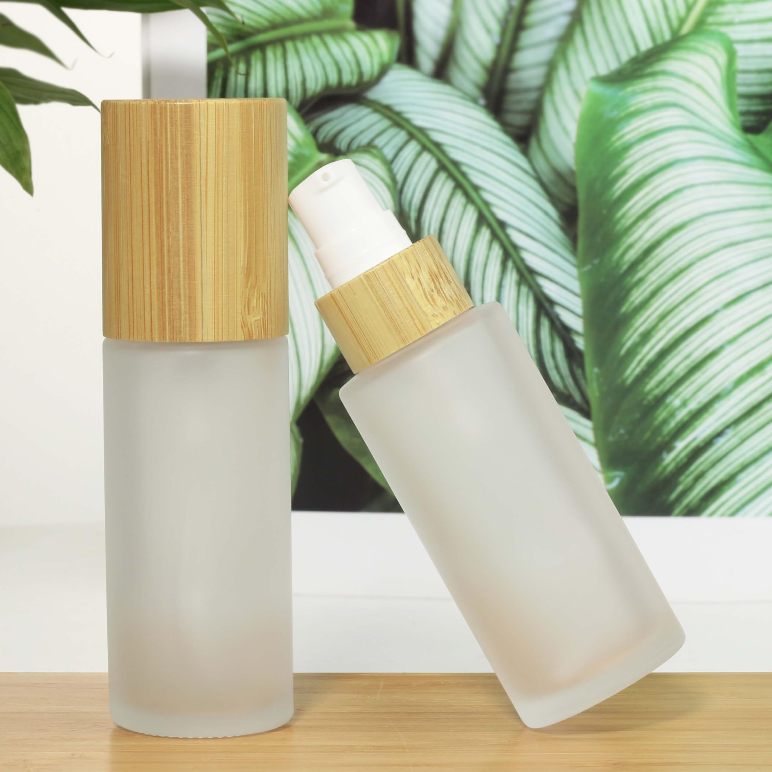 COSIDEA 6-Pack 1.67oz/50ml Refillable Bamboo Lid Frosted Glass Bottles with Lotion Pump - Travel-Sized Cosmetic Containers for Serum, Cream & Lotion | Perfect for Toiletries, Skincare & Travel Essentials