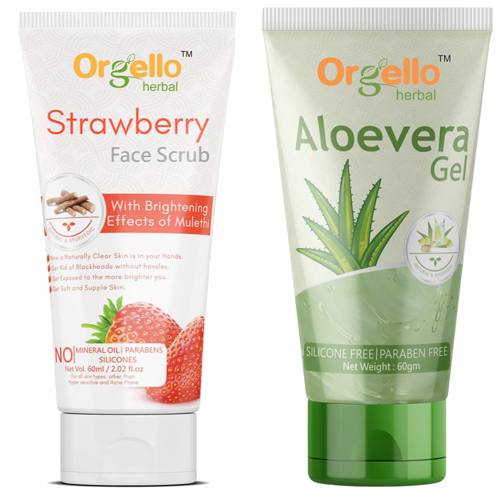 Orgello Herbal Strawberry Face & Body Scrub 60g with Aloe Vera Gel 60g (Pack of 2) - Exfoliating & Moisturizing Skincare Set for Men & Women - Perfect for Daily Use & Spa Days