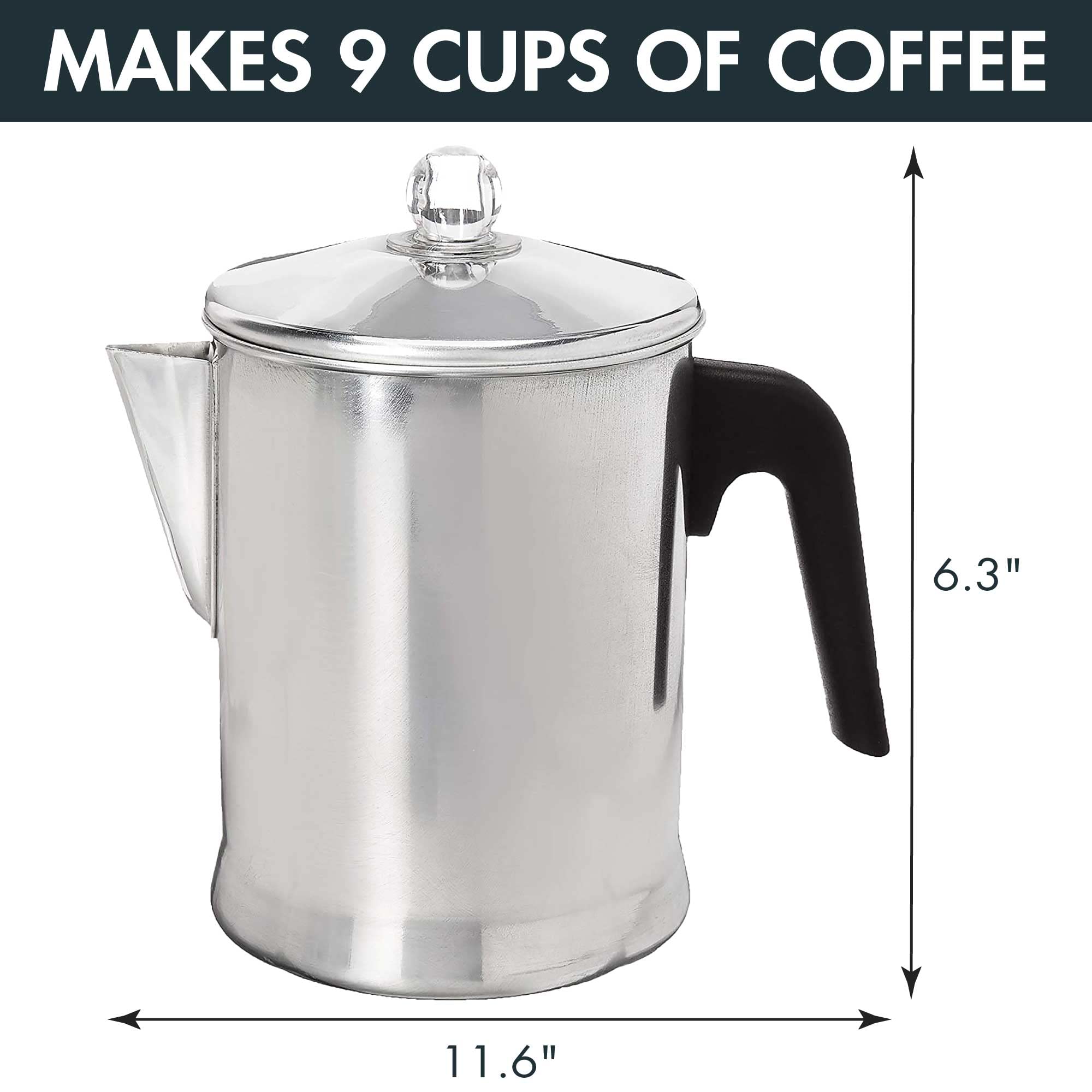 Prima Today 9-Cup Aluminum Stovetop Coffee Percolator - Durable Stove Top Coffee Maker for Camping, RV Travel & Home Use - Silver