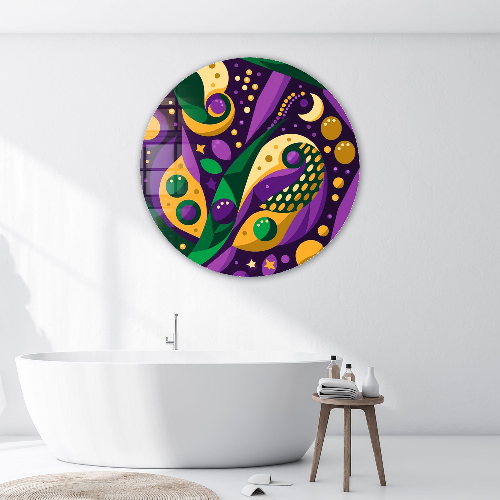Geometric Purple Rounded Glass Wall Art - Modern Home Decor for Living Room, Bedroom & Office - Handmade Glass Artwork for Stylish Interior Design