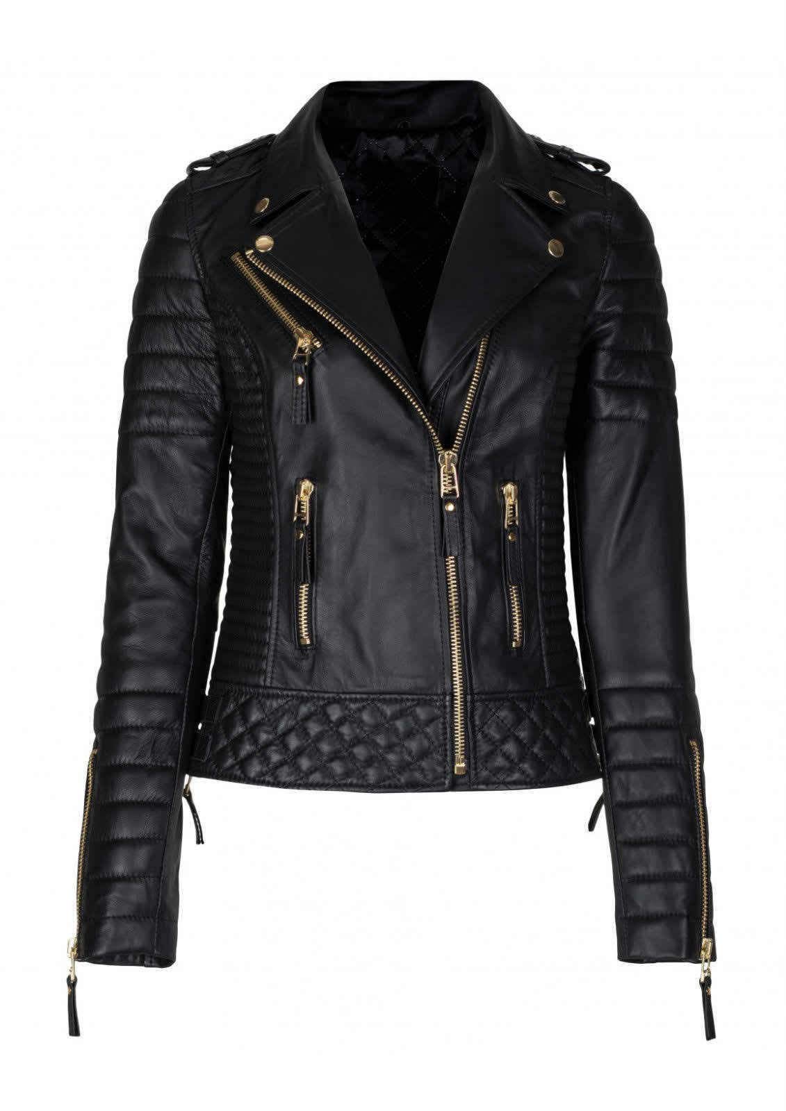 UGFashions Women's Brando Quilted Biker Jacket - Black Genuine Leather Motorcycle Jacket with Double Zipper | Perfect for Riding, Casual Outfits & Streetwear Fashion