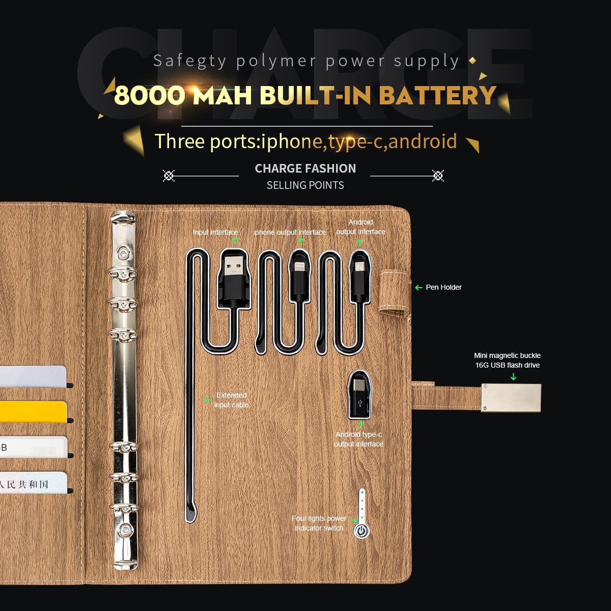 Premium Leather A5 Binder with 8000mAh Power Bank - 6-Ring Planner Notebook Organizer with Document Sleeve, Card Holder & Pencil Loop - Compatible with A5 Filler Paper (Wood Grain) - Perfect for Business Meetings, College Students & Office Professionals