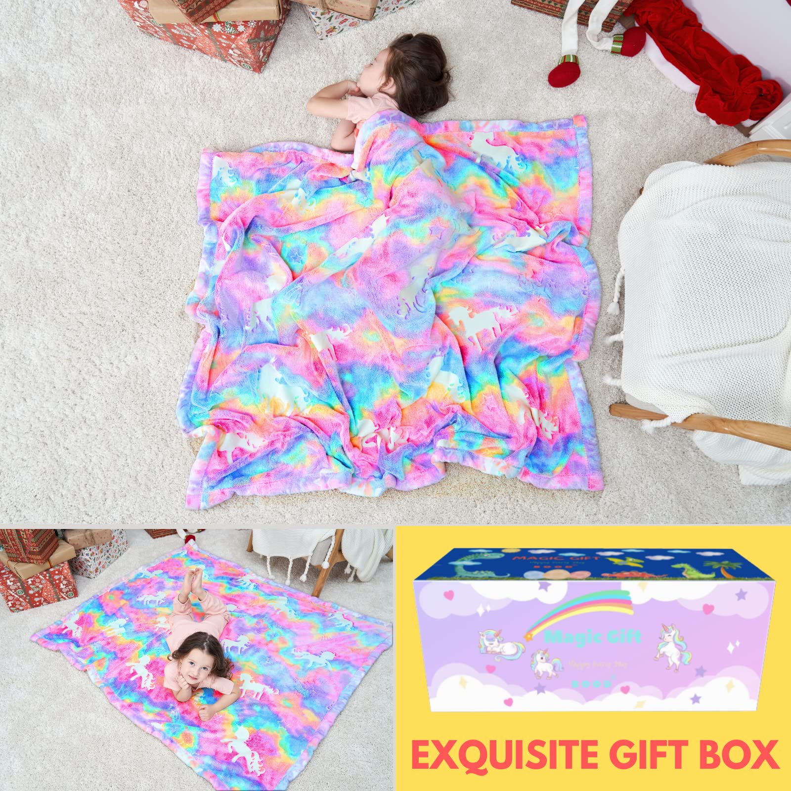 **Rainbow Glow in The Dark Unicorn Blanket for Kids & Girls - Soft Plush Fuzzy Throw Blanket - Personalized Christmas Gift for Kids - Perfect for Bedtime, Movie Nights & Cozy Comfort**