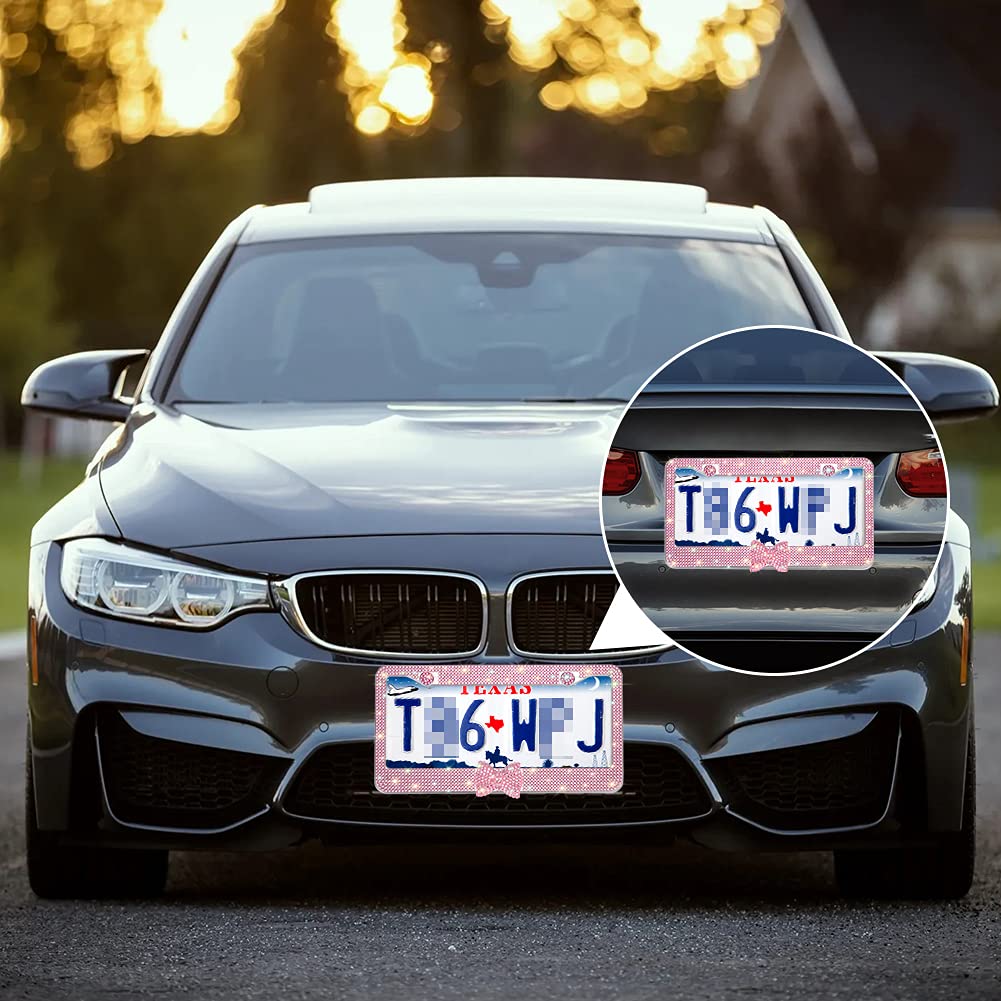 OTOSTAR Bling License Plate Frame with Rhinestones - Handcrafted Stainless Steel 2 Hole Holder with Anti-Theft Screws & Pink Ribbon Bow (Pink/Pink Bowtie) - Perfect for Car Accessories, Gift Ideas & Vehicle Customization