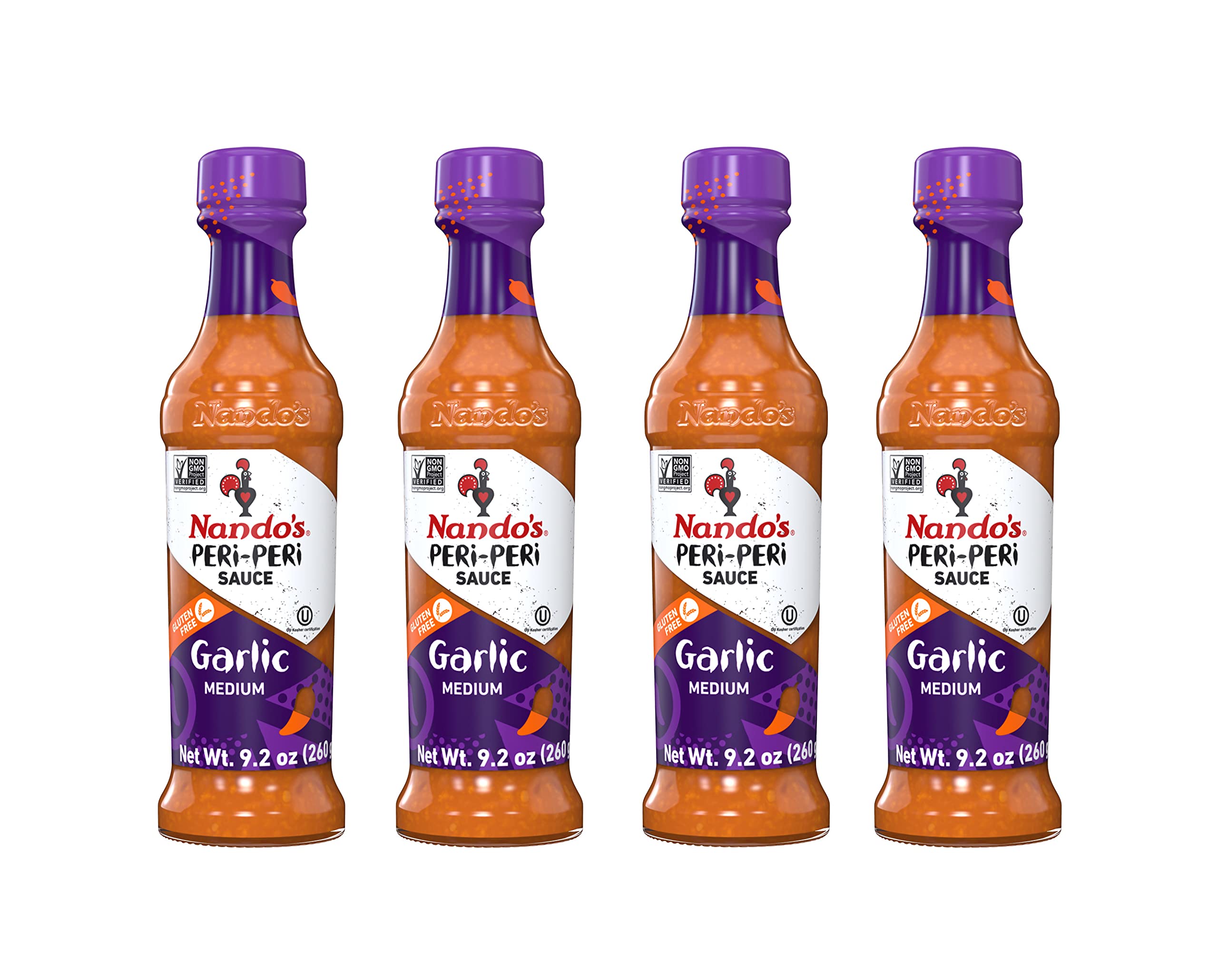 Nando's PERi-PERi Garlic Sauce - Medium Heat Tangy Flavor | Gluten Free Hot Sauce for Chicken, Wings & Grilling | 9.1 oz Bottles (4 Pack) | Perfect for BBQs, Sandwiches & Dipping
