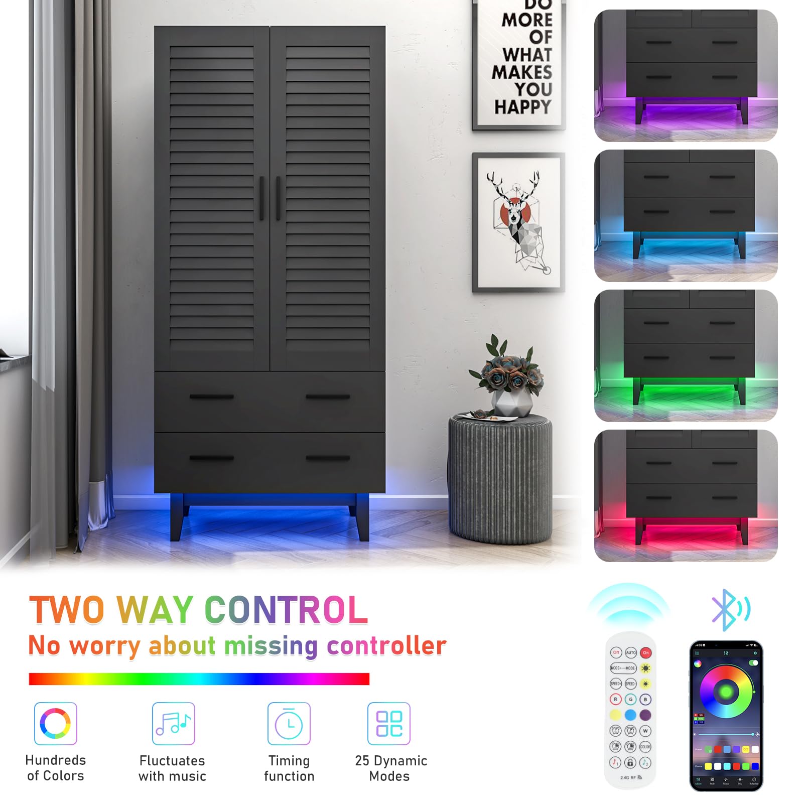 2 Door Wardrobe with LED Lights & Shelves - Large Storage for Bedroom Closet Organization