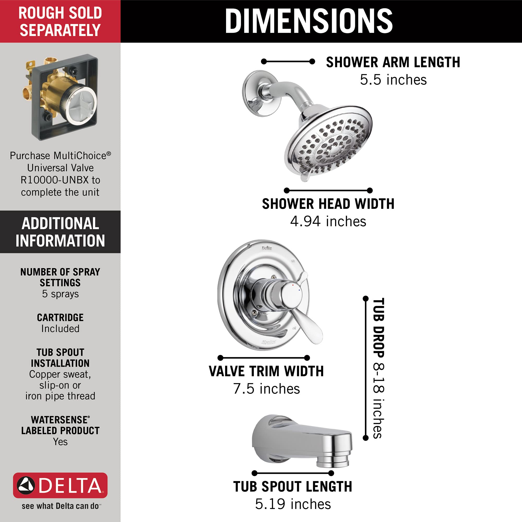 Delta Faucet T17430 Classic Tub & Shower Trim Kit - 4.45 x 8.00 x 10.15 Inches, Chrome Finish - Perfect for Bathroom Renovation & Modern Shower Installation