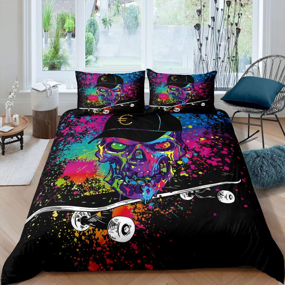 Erosebridal Sugar Skull Skateboard Bedding Set - Colorful Tie Dye Duvet Cover with Pillowcase for Kids & Teens - Twin Size Skeleton Hip Hop Comforter - Perfect for Boys & Girls Room Decor, Dorm, and Skateboard Themed Bedrooms