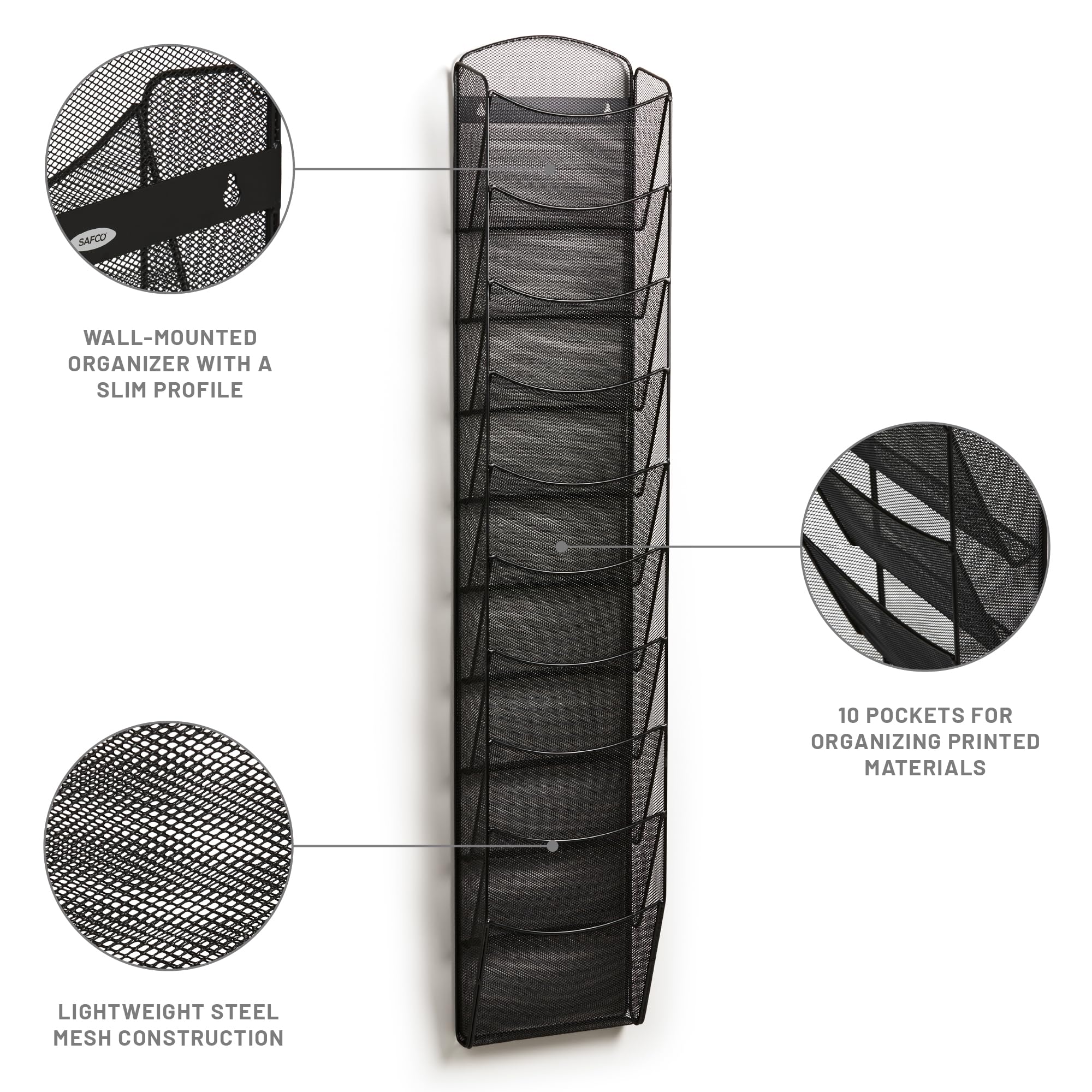 Safco Onyx Mesh Magazine Holder - 10-Pocket Brochure Organizer Display Rack - Heavy Duty Commercial Steel Construction in Black - Perfect for Offices, Libraries, and Retail Stores