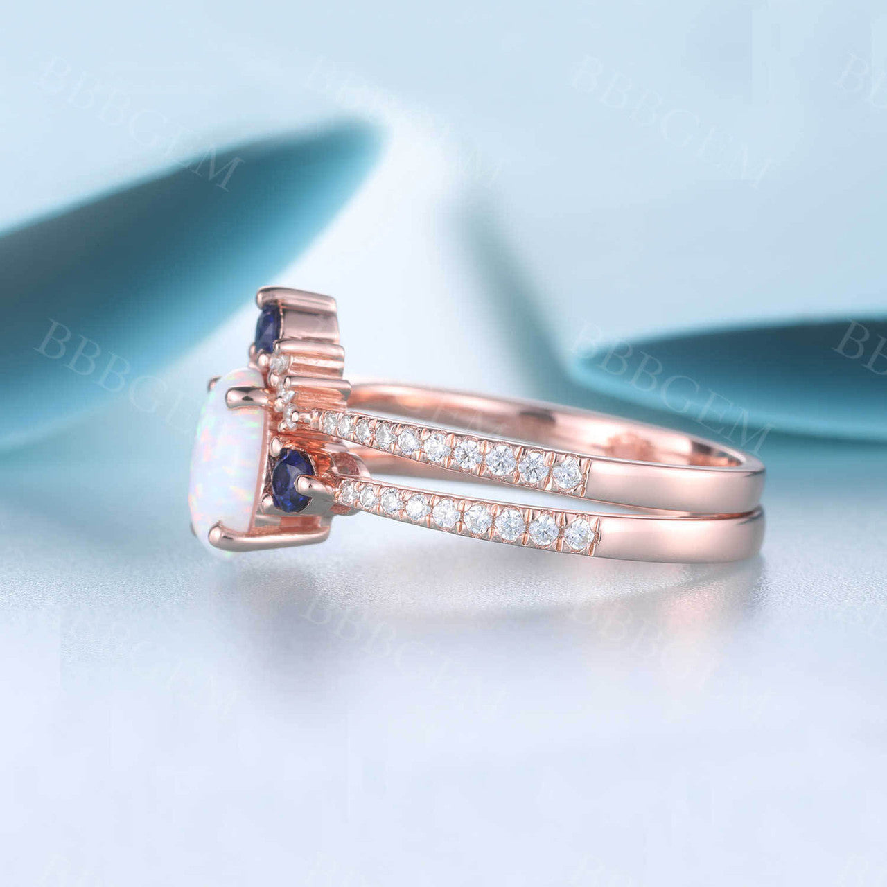 Antique Vintage Style Sapphire Opal Bridal Ring Set with Diamond Accents - Matching Wedding Band & Engagement Ring for Women - Perfect for Bridal Jewelry, Anniversary Gifts & Special Occasions