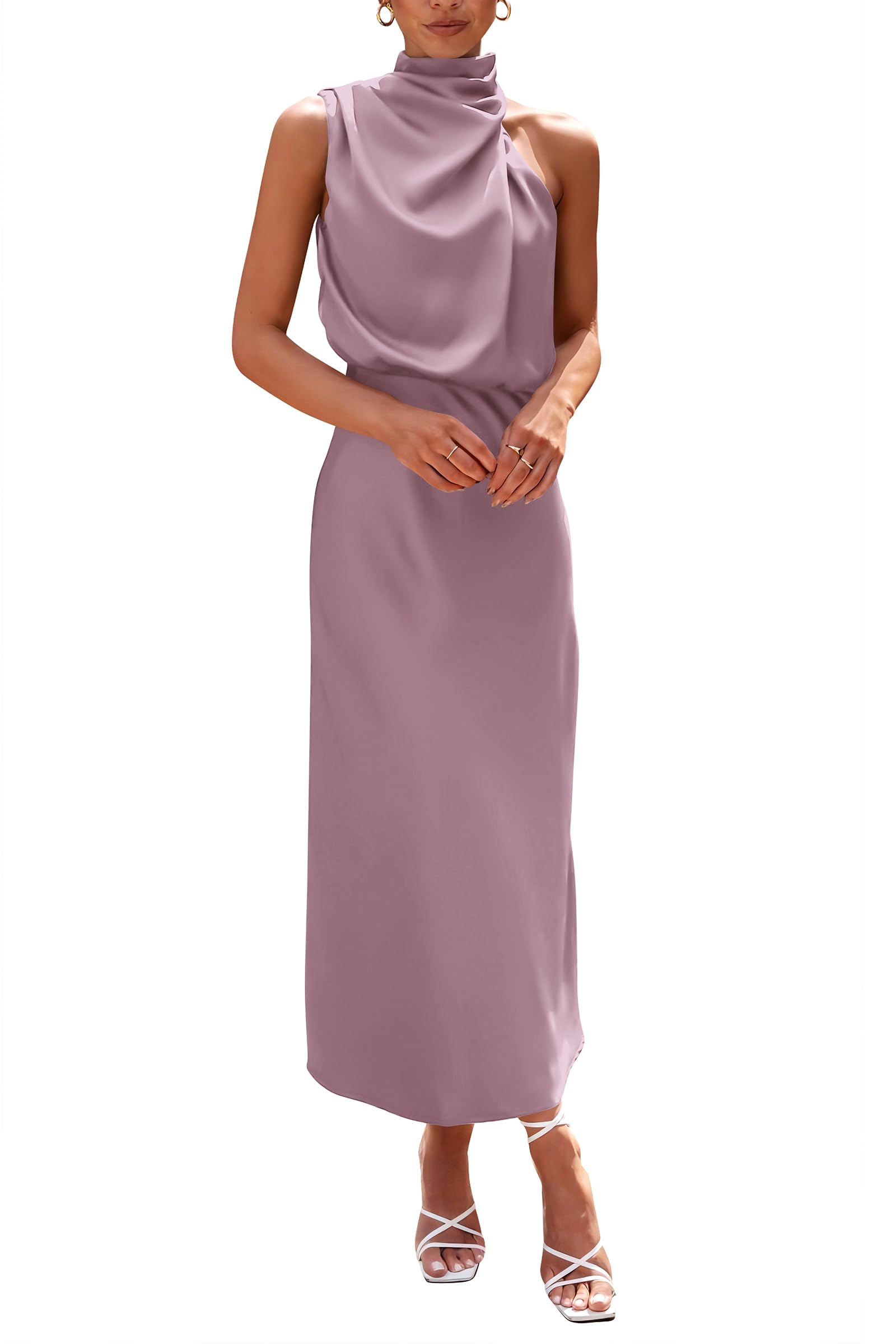 PRETTYGARDEN Women's Elegant Satin Maxi Dress - Sleeveless Mock Neck Summer Cocktail Party Dress 2025 | Perfect for Weddings, Garden Parties & Evening Events