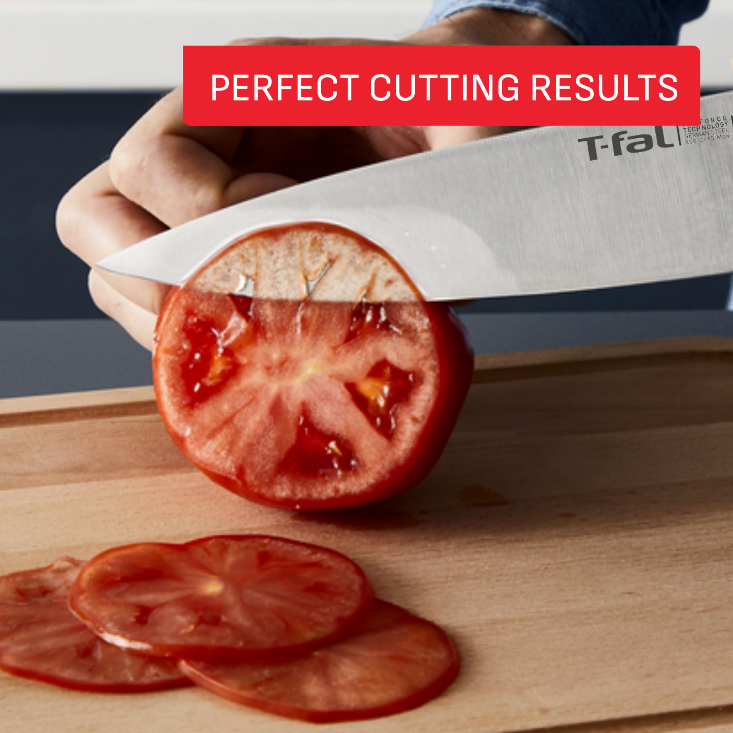 T-fal Ice Force German Stainless Steel 8-Piece Knife Set with Wood Block - Ultra Sharp Blades, High Precision Cutting, Durable Kitchen Knives for Professional Chefs & Home Cooking - Perfect for Chopping, Slicing, Dicing Meat, Vegetables & Fruits