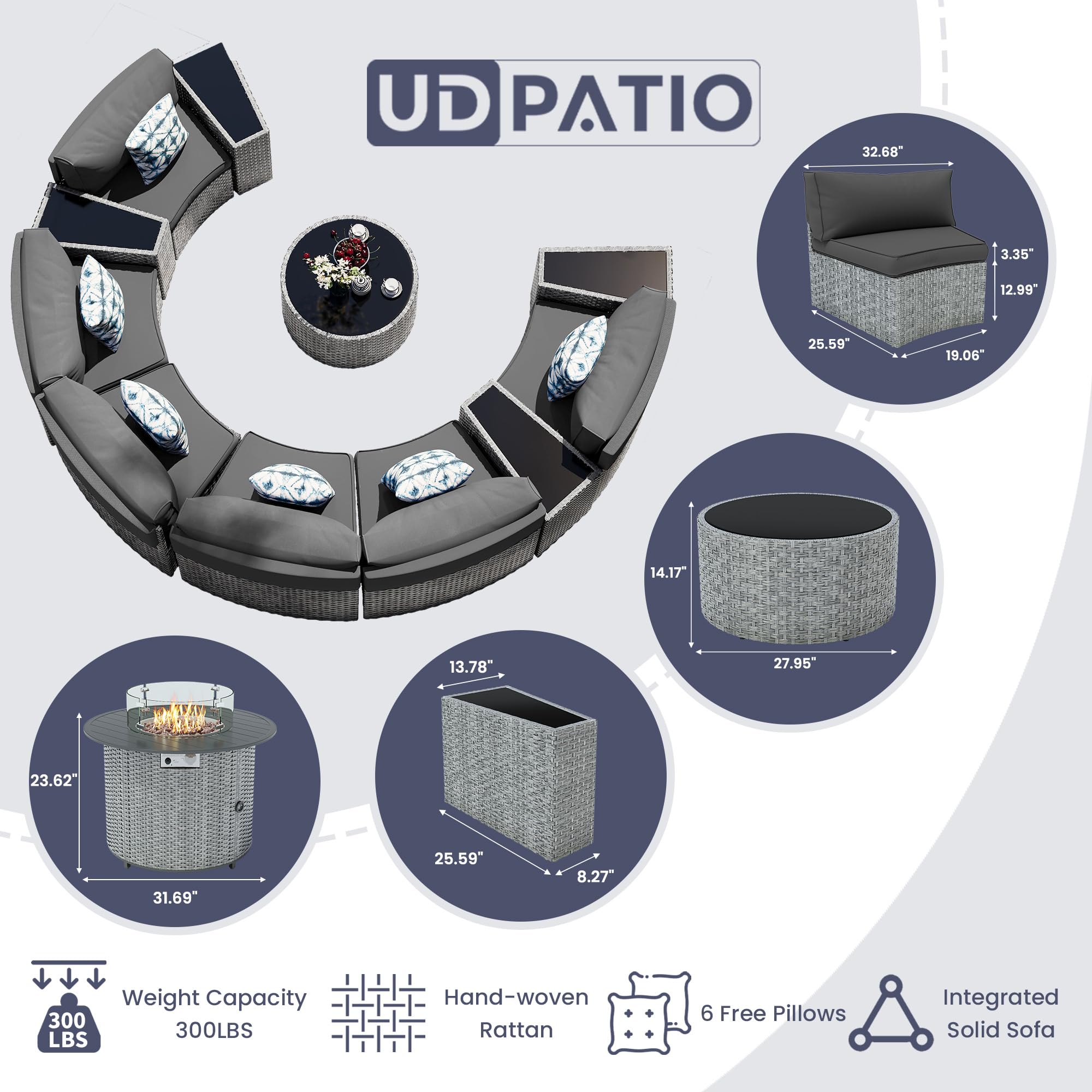 UDPATIO 11-Piece Fully Assembled Outdoor Sectional Sofa Set - Half Moon Curved Modular Wicker Furniture with Round Coffee Table & Waterproof Cover - Heavy Duty Patio Furniture for Porch, Backyard, Garden (Grey) | Perfect for Outdoor Entertaining, Poolside Relaxation & Family Gatherings