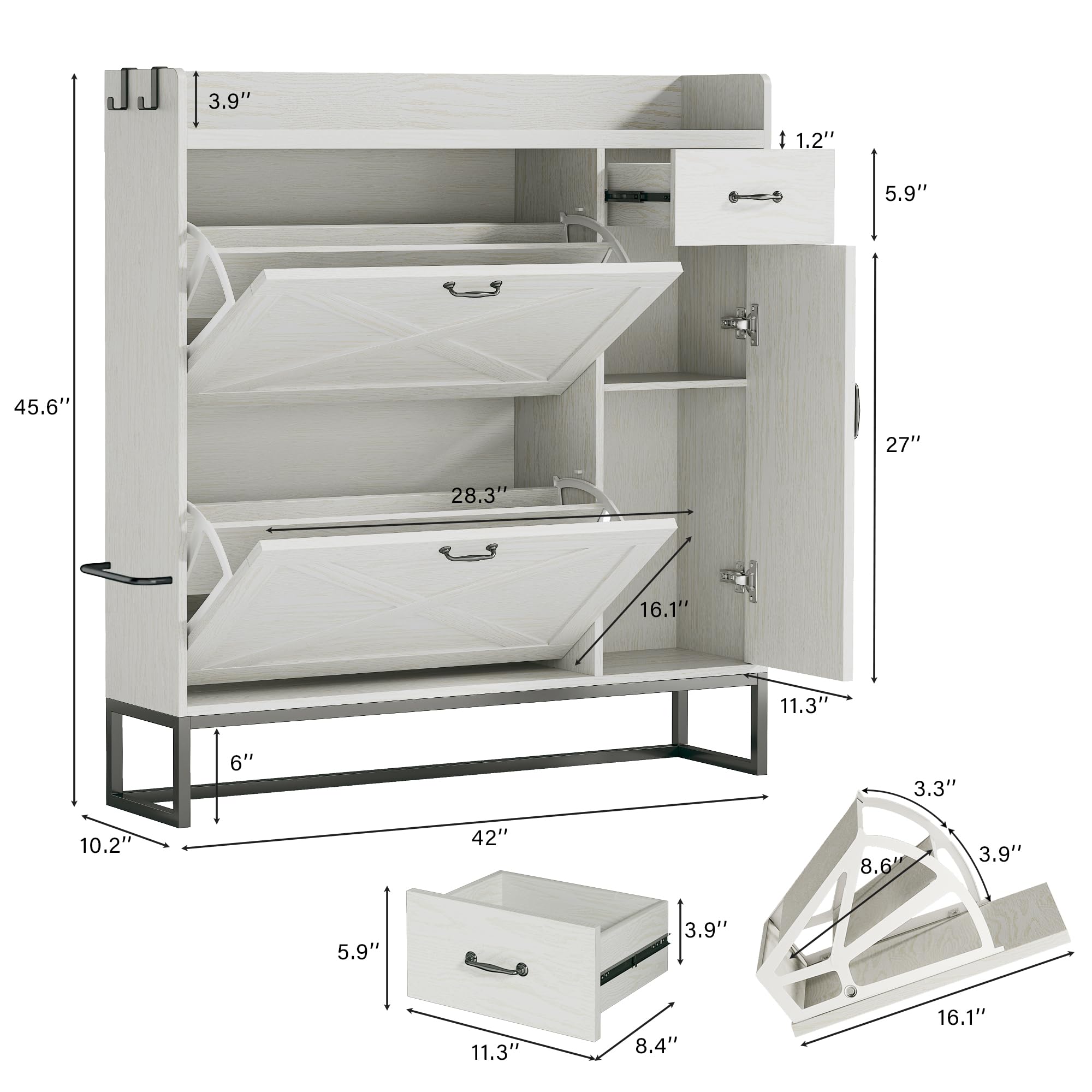 White Shoe Cabinet with 2 Flip Drawers & Side Storage - Adjustable Shelves Shoe Organizer for Entryway, Hallway - Space Saving Mounted Shoe Rack for Home, Apartment, Dorm Room Organization