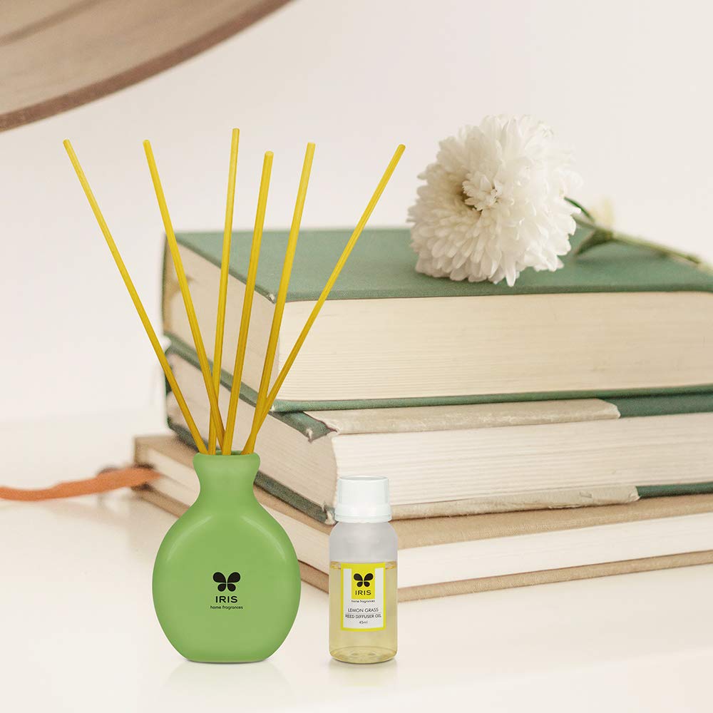 Premium IRIS Lemongrass Reed Diffuser - Natural Aromatherapy, Toxin-Free Home Fragrance for Relaxation & Mood Enhancement - Made in India (50 x 50 x 100mm) - Perfect for Living Rooms, Bedrooms & Office Spaces