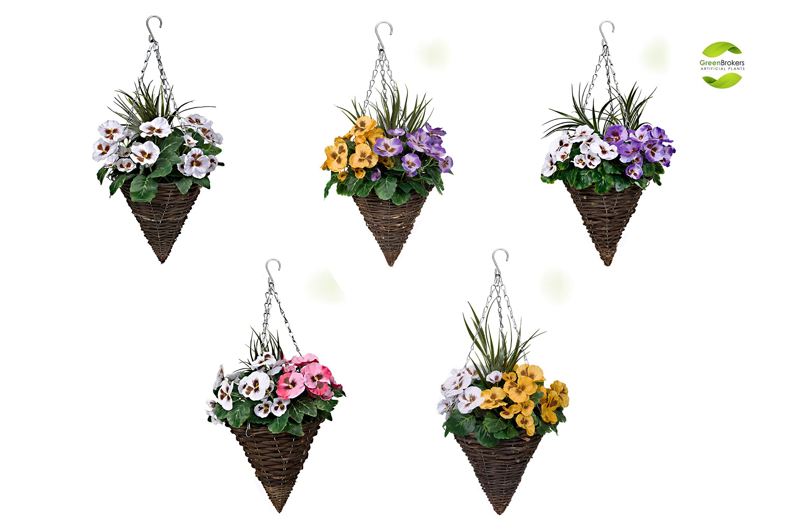 White Artificial Cone Shaped Hanging Baskets with Flowers & Decorative Grasses - Set of 2 | Outdoor Garden Decor, Porch Hanging Planters, Patio Decoration
