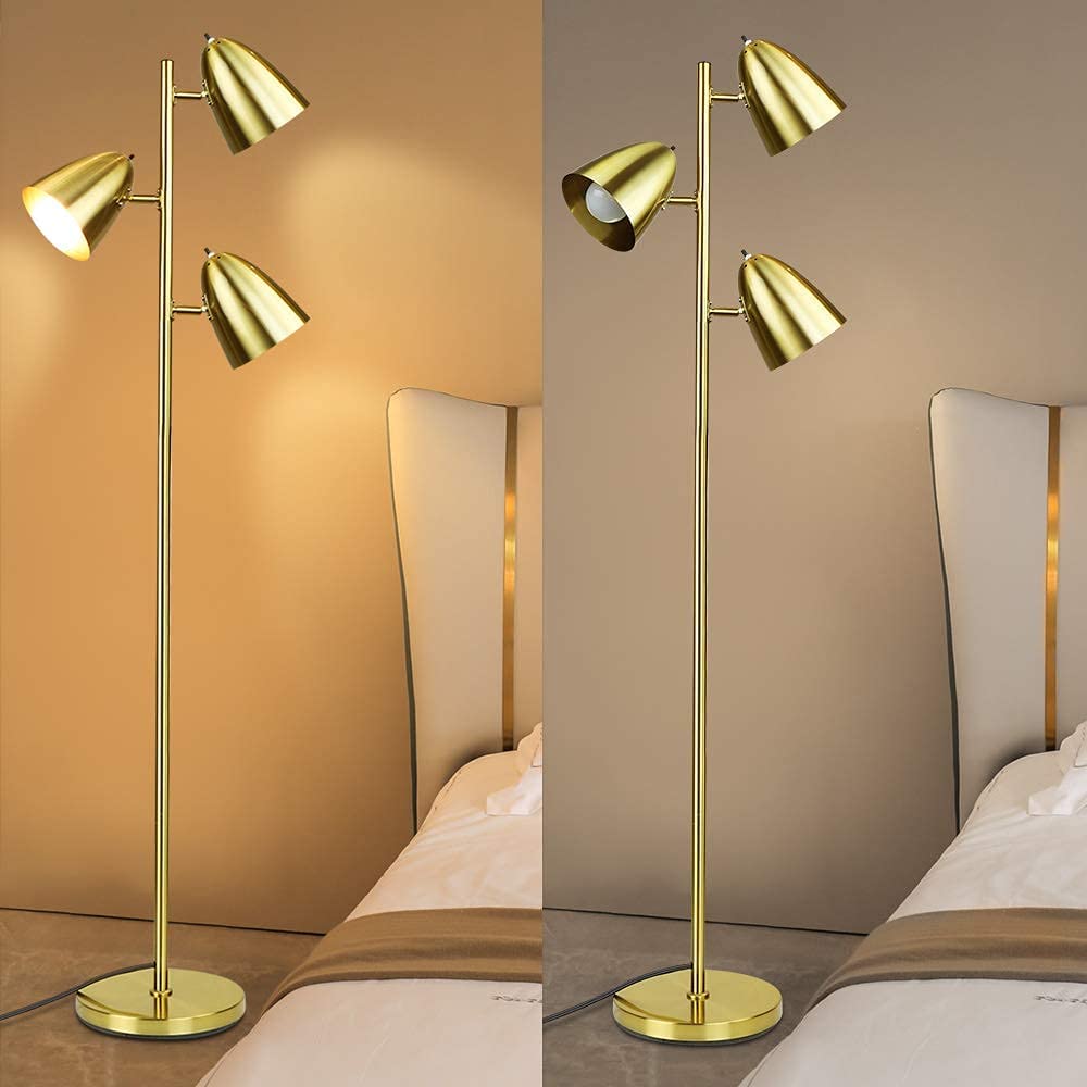 Modern Standing Lamp - Adjustable LED Floor Light for Living Room, Bedroom, Office & Study | Tall Torchiere Tree Design with 3 Lights | Gold Metal Pole Stand (Includes 3x9W LED Bulbs) | Perfect for Reading, Working & Ambient Lighting