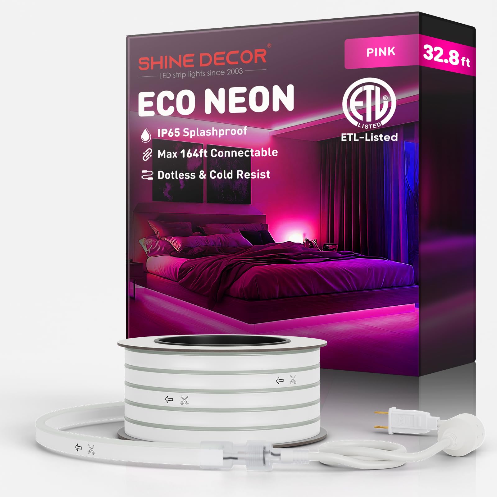 Shine Decor LED Rope Lights AC 120V - Connectable & Cuttable Dotless 120LEDs/M Eco Neon Strip Lighting - ETL Certified IP65 Waterproof & Weather-Resistant - 8x16mm Pink 32.8FT - Perfect for Home, Commercial, Party, Wedding & Outdoor Decorations