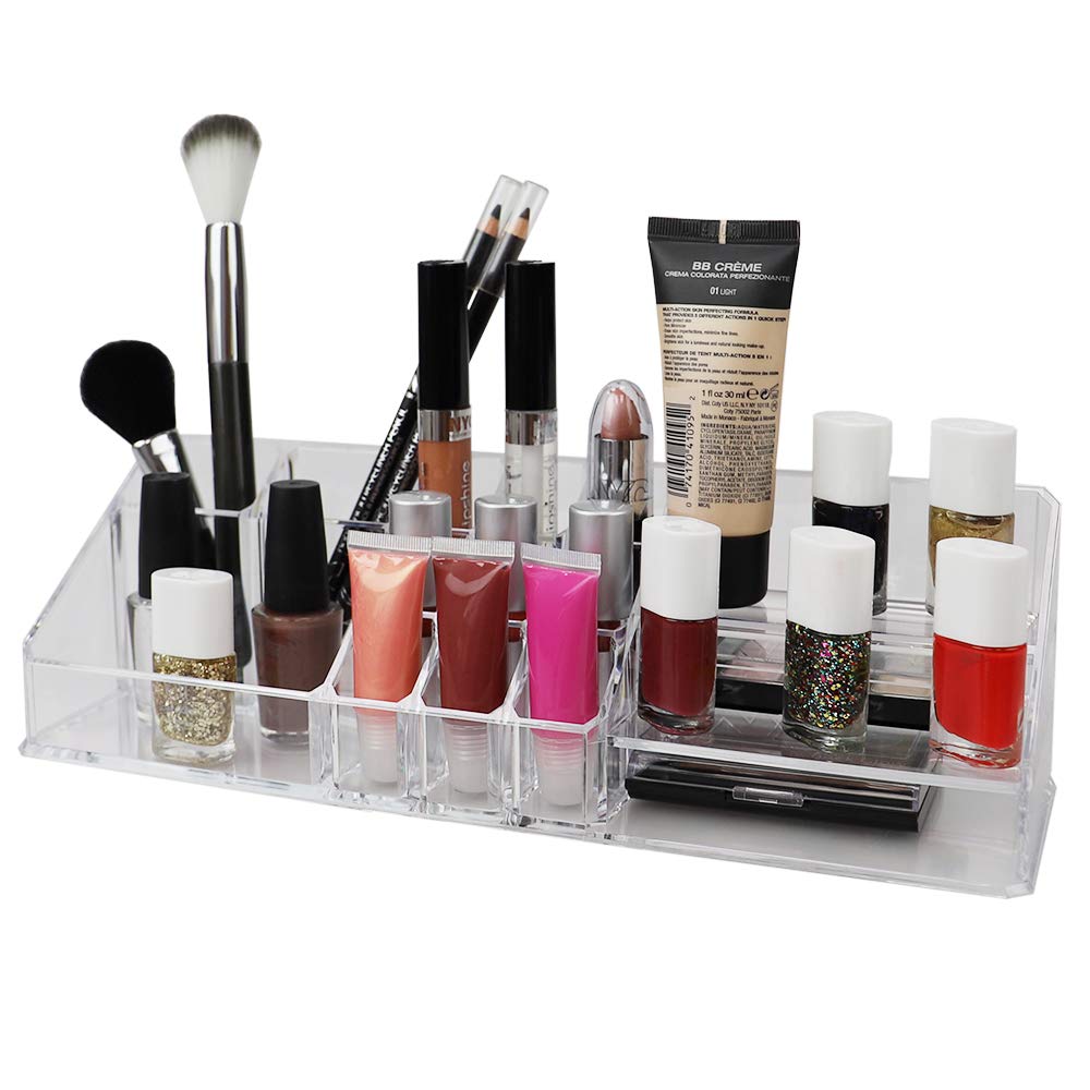 Home Basics Cosmetic Organizer with 15 Compartments | Makeup Storage Case for Vanity, Bathroom & Travel | Beauty Accessories Organizer for Brushes, Lipsticks & Skincare Products