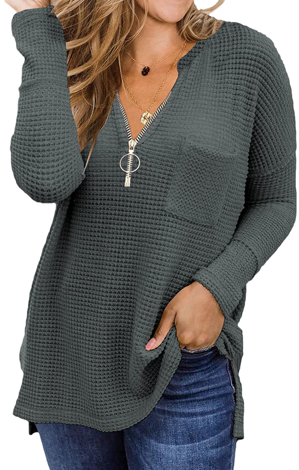 Grlasen Women's Waffle Knit Tunic Top with Zipper V-Neck - Soft Cotton Long Sleeve Casual Shirt for Fall & Winter - Perfect for Layering, Office Wear, and Weekend Outfits
