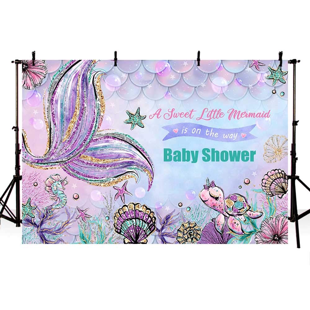MEHOFOND 7x5ft Mermaid Baby Shower Backdrop - Under The Sea Photo Banner with Turtle & Scales for Girl's Shower Decor, Cake Table, Wall Decor | Perfect for Mermaid Theme Baby Showers, Birthday Parties & Underwater Photo Booths