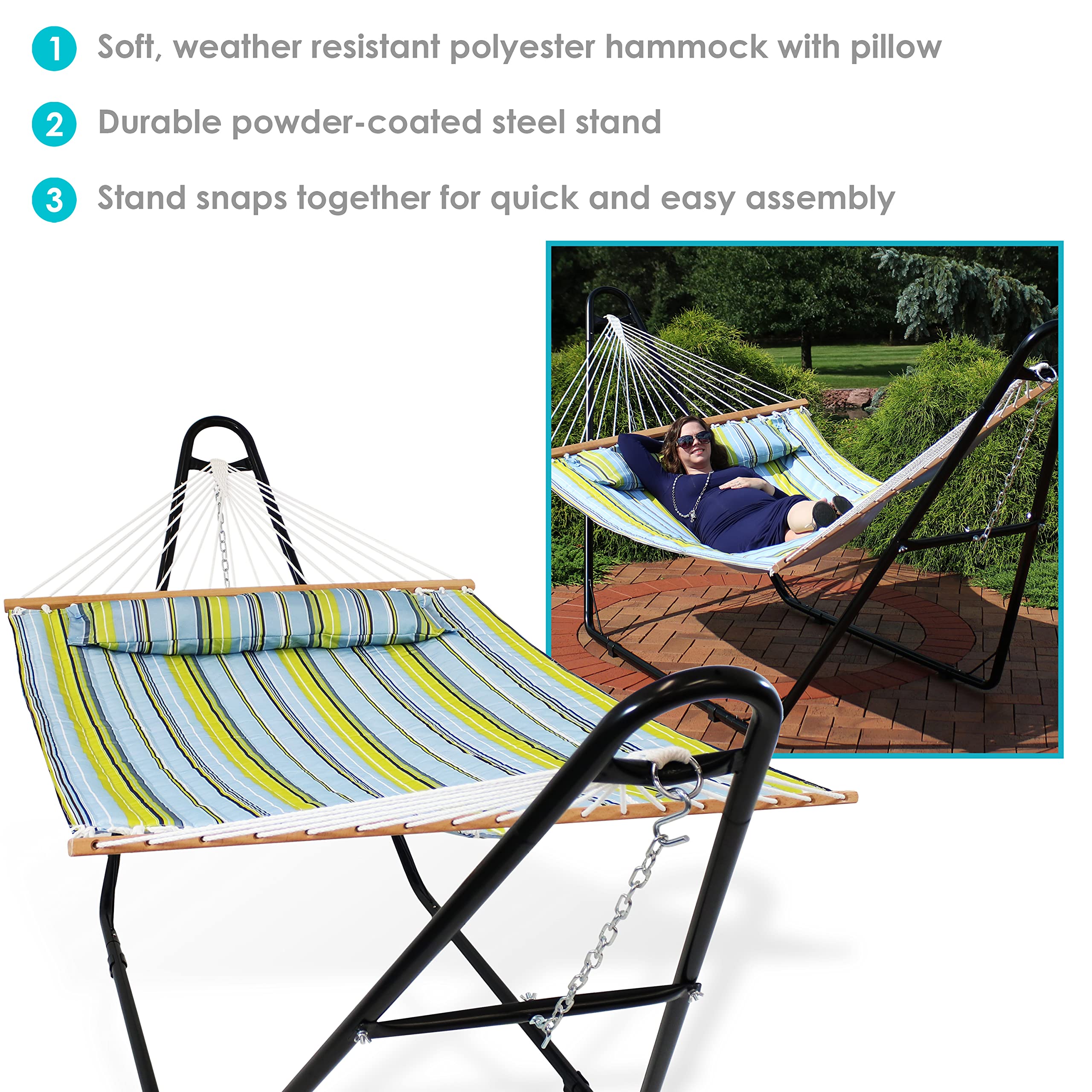 Sunnydaze Double Quilted Fabric Hammock with Universal Steel Stand - 450 lb Weight Capacity - Black Stand & Blue/Green Fabric - Perfect for Backyard, Patio, Camping & Outdoor Relaxation