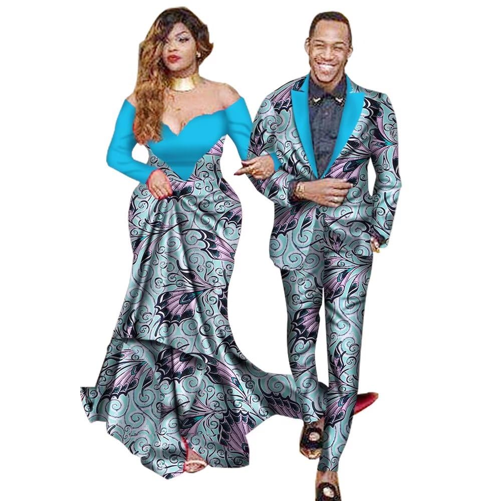 African Couple Matching Outfits for Wedding - Dashiki Print Suits for Men & African Dresses for Women - Perfect for Bridal Party, Cultural Celebrations & Festive Events