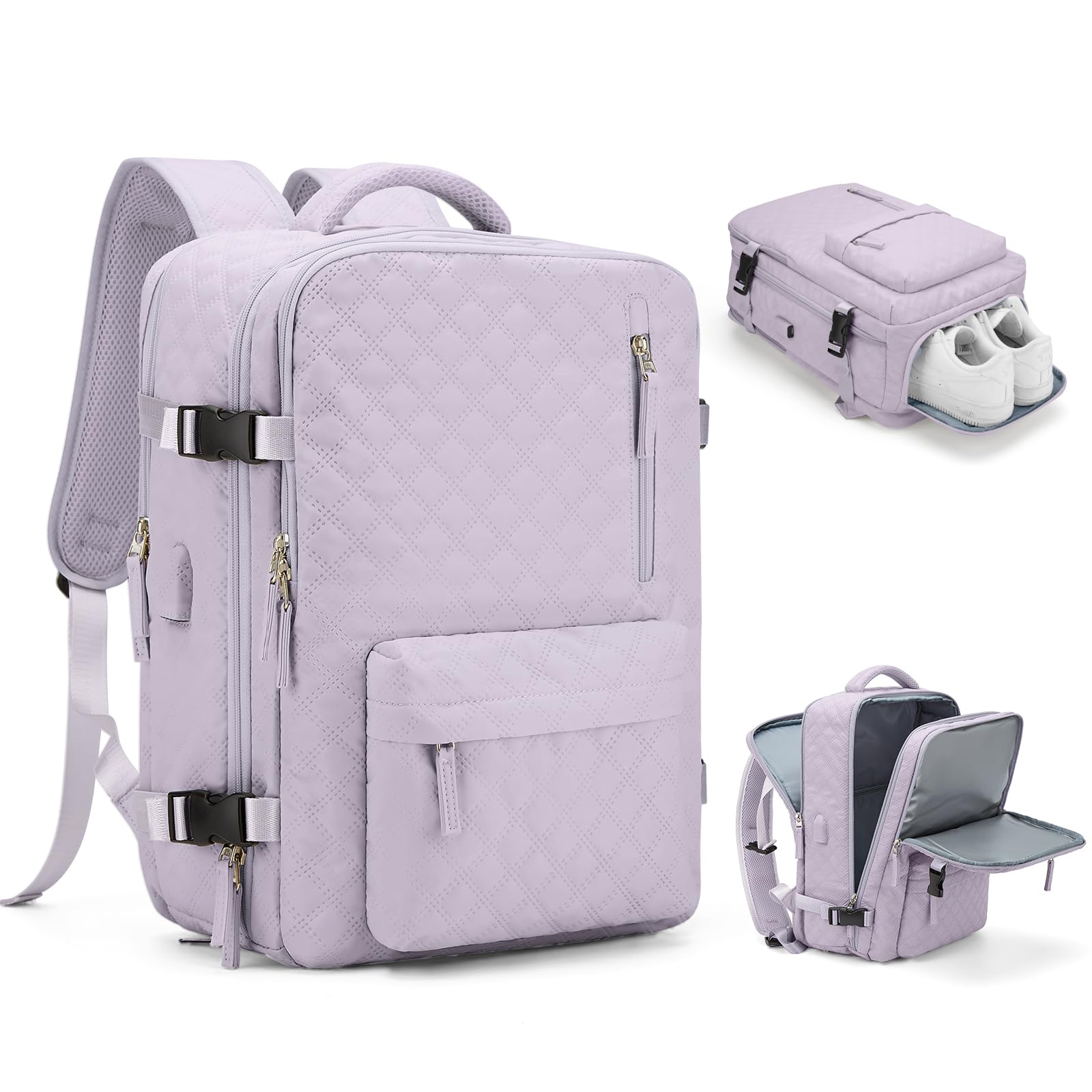 Waterproof Travel Backpack for Women - Airplane Carry On Laptop Backpack with USB Charging Port & Shoe Compartment, Lightweight Hiking Gym Backpack (Purple) - Perfect for Business Trips, College Commute & Outdoor Adventures