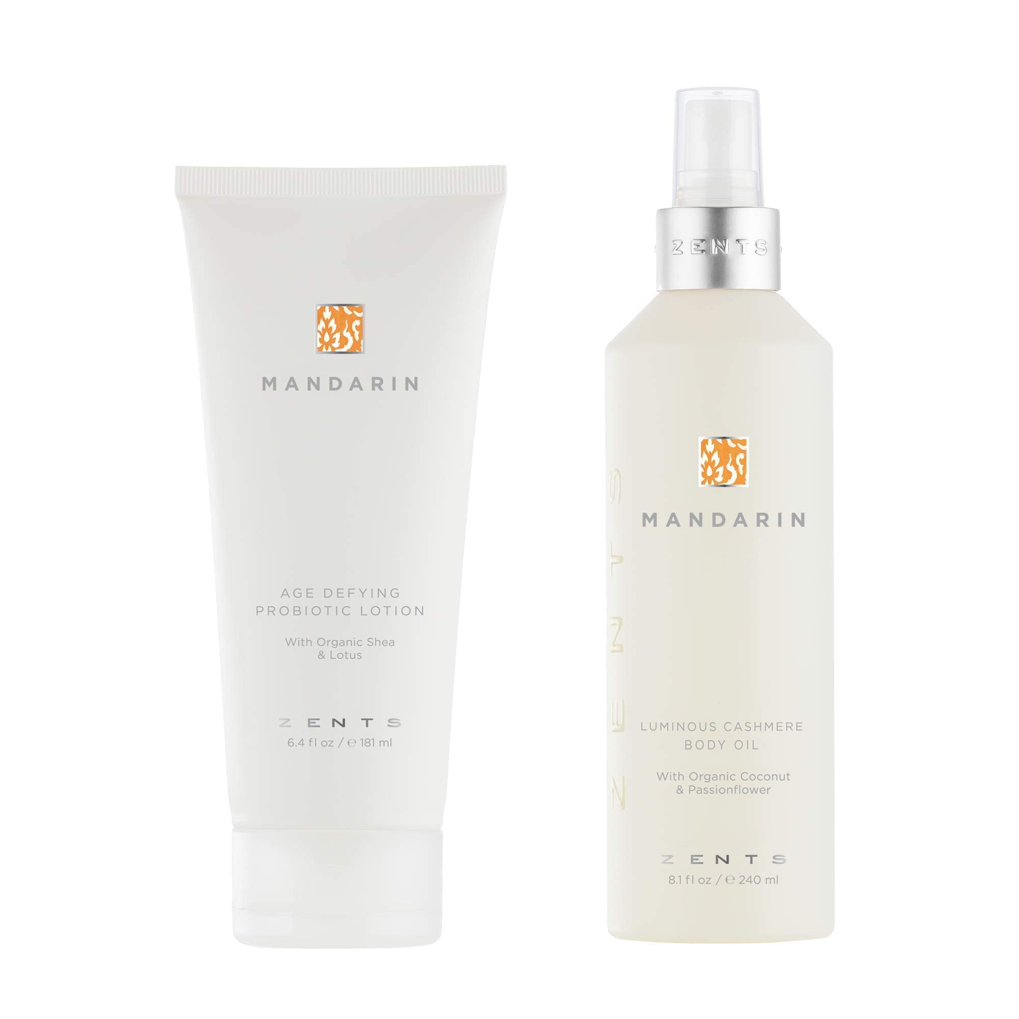 Zents Body Lotion & Cashmere Oil Set - Anti-Aging Probiotic Moisturizer with Organic Coconut Oil | Softens, Hydrates & Repairs Dry Skin | Mandarin Scented Skincare Duo for Daily Nourishment & Healing | Perfect for Winter Care & Spa Nights